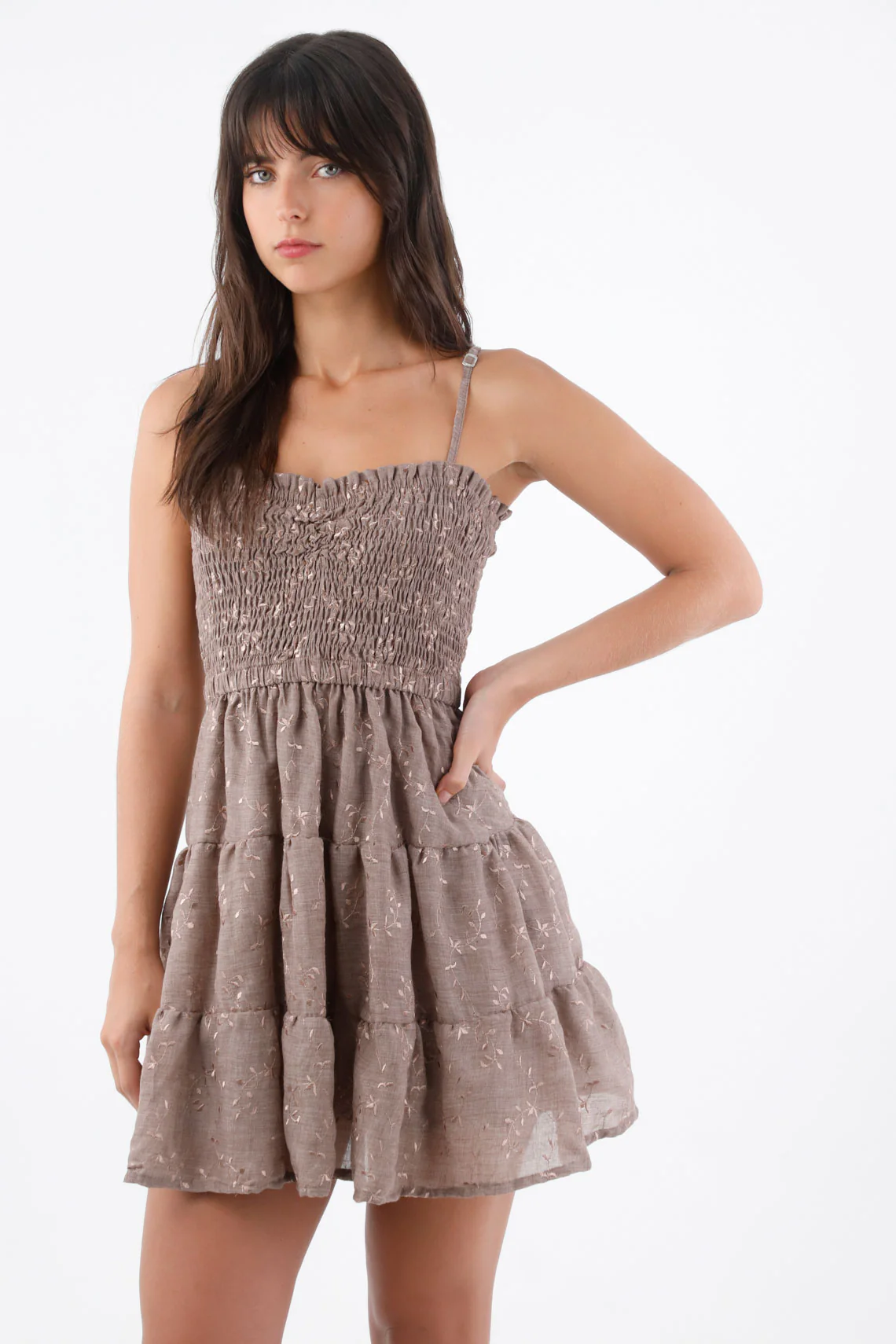 Short dress for women in taupe polyester flared fit with gathered bodice