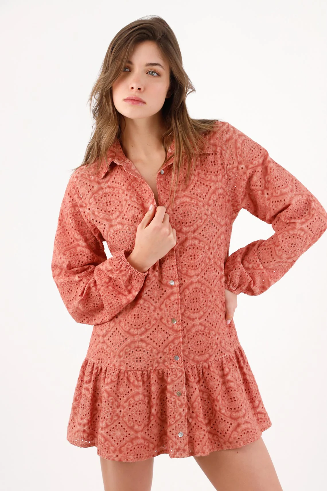 Relaxed Shirt Dress with Geometric Broderie in Terracotta Cotton for Women - Image 2