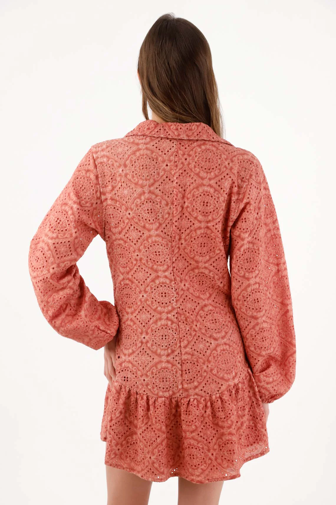 Relaxed Shirt Dress with Geometric Broderie in Terracotta Cotton for Women - Image 4