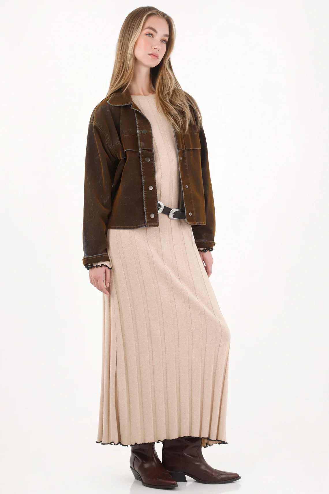 Long Dress with Textured Stripes Off-White for Women - Image 2