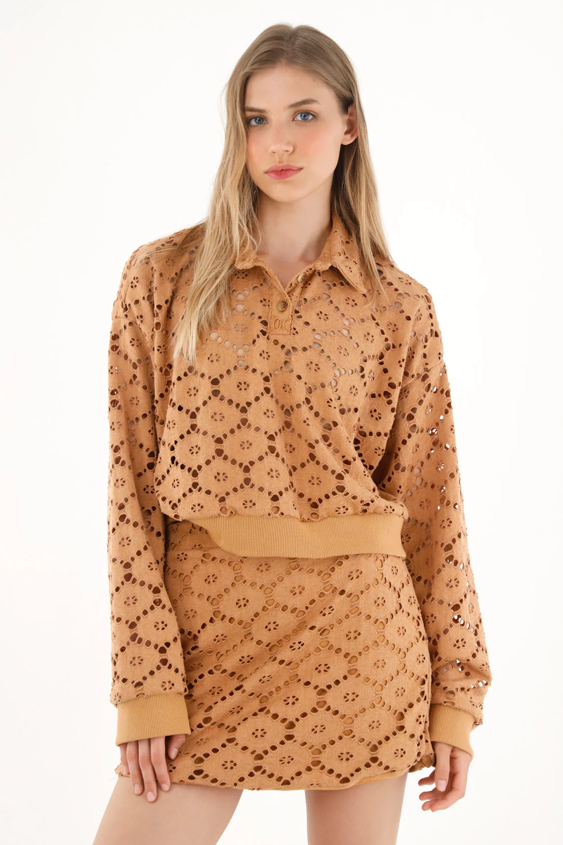 Women's Short Open Weave Brown Skirt - Image 2