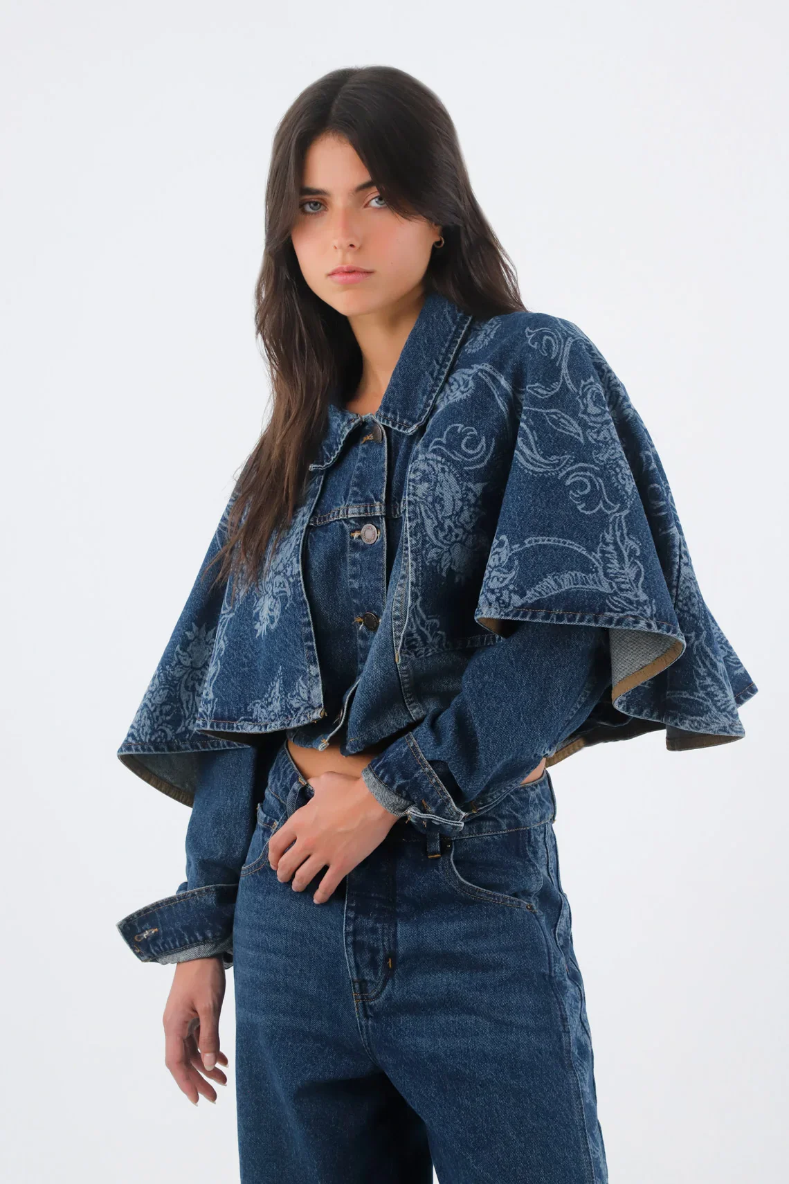 Women's Indigo Blue Short Cotton Jacket with Floral Layer