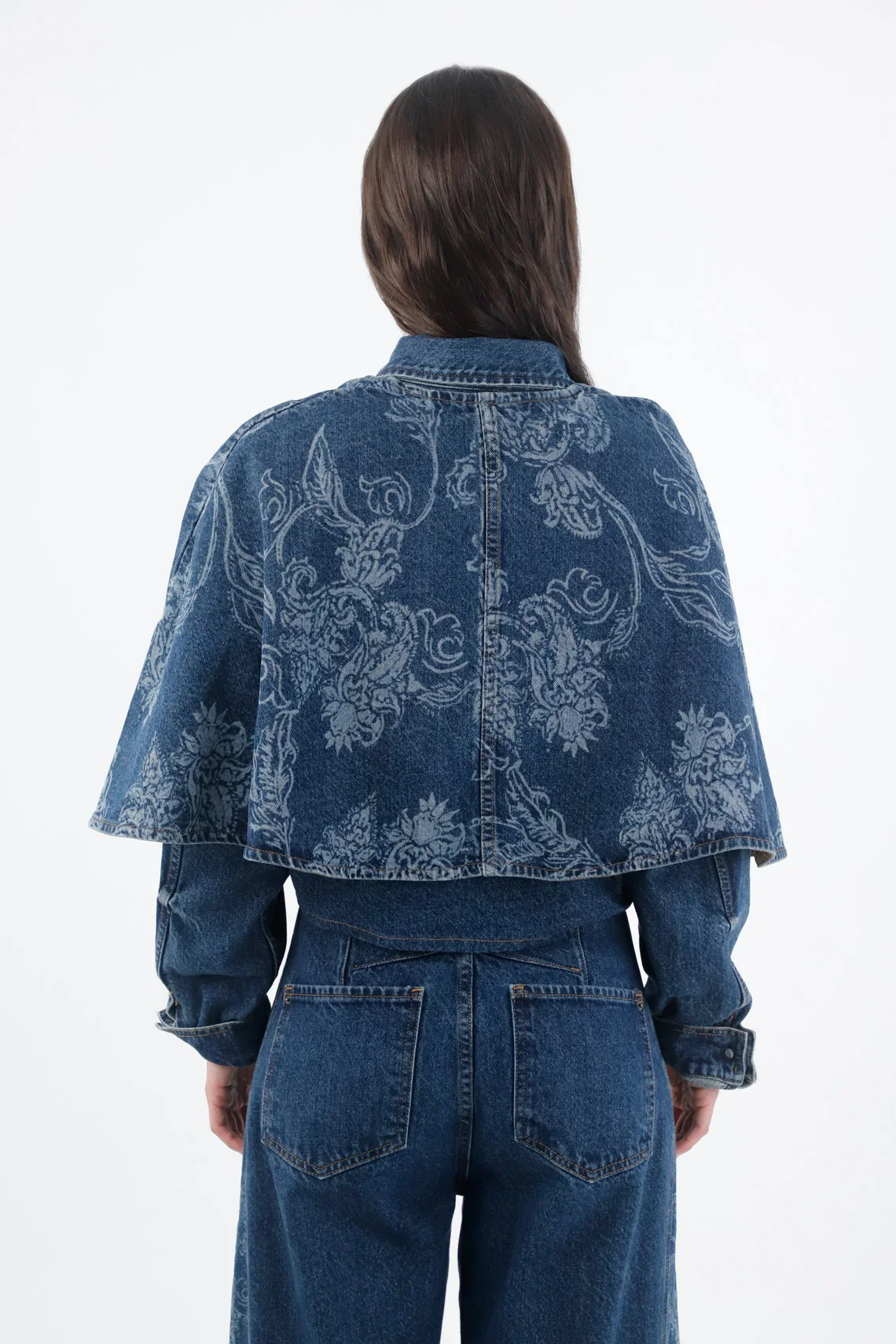 Women's Indigo Blue Short Cotton Jacket with Floral Layer - Image 4