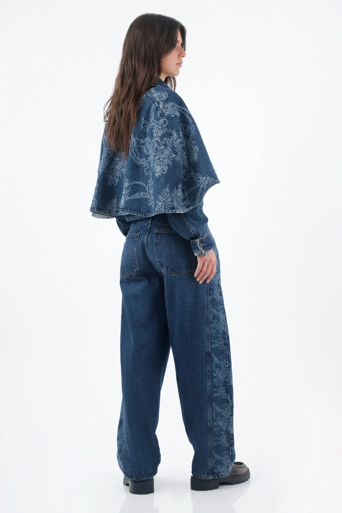 Women's Indigo Blue Short Cotton Jacket with Floral Layer - Image 5