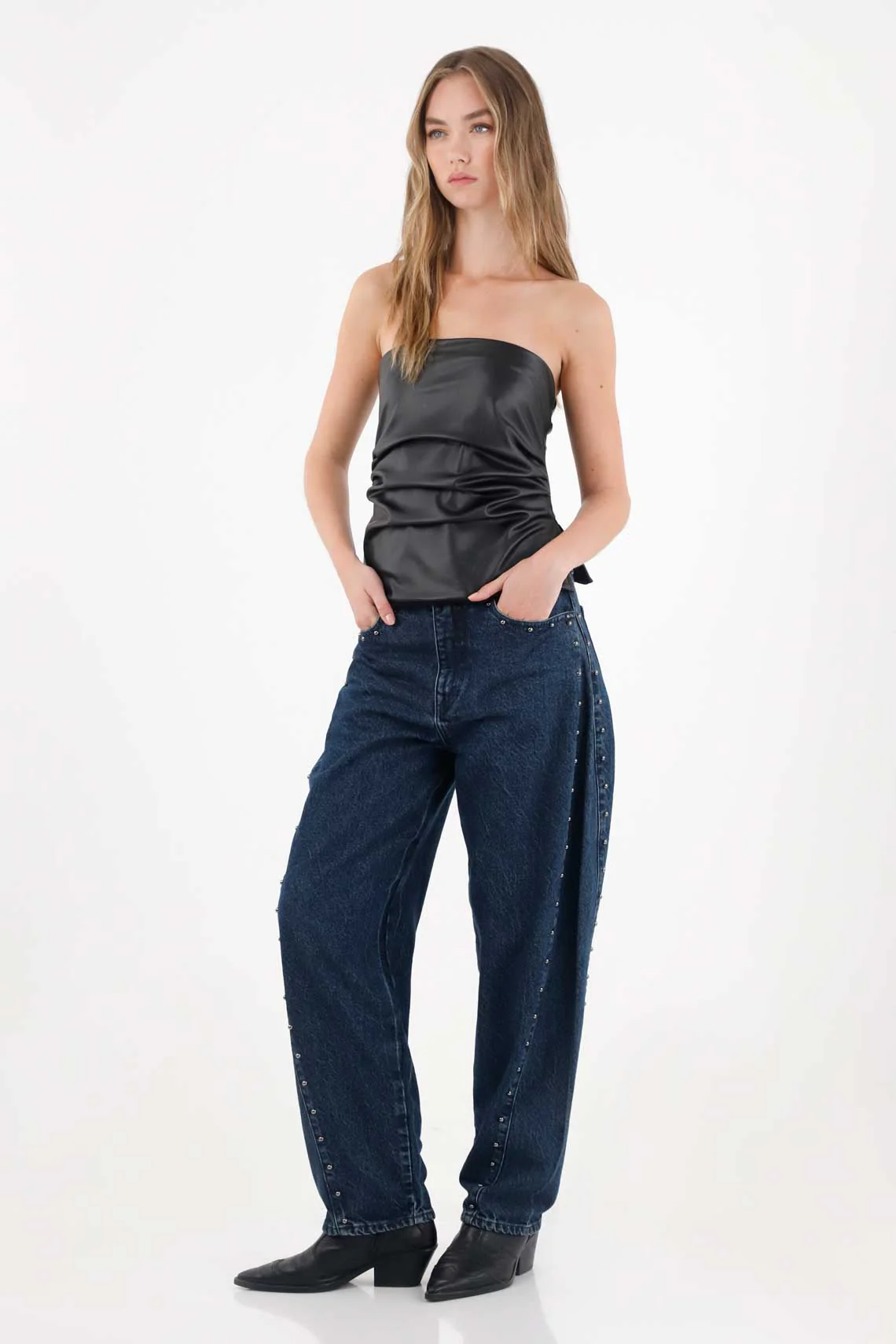Mom Jeans with Cuts and Studs in Blue for Women