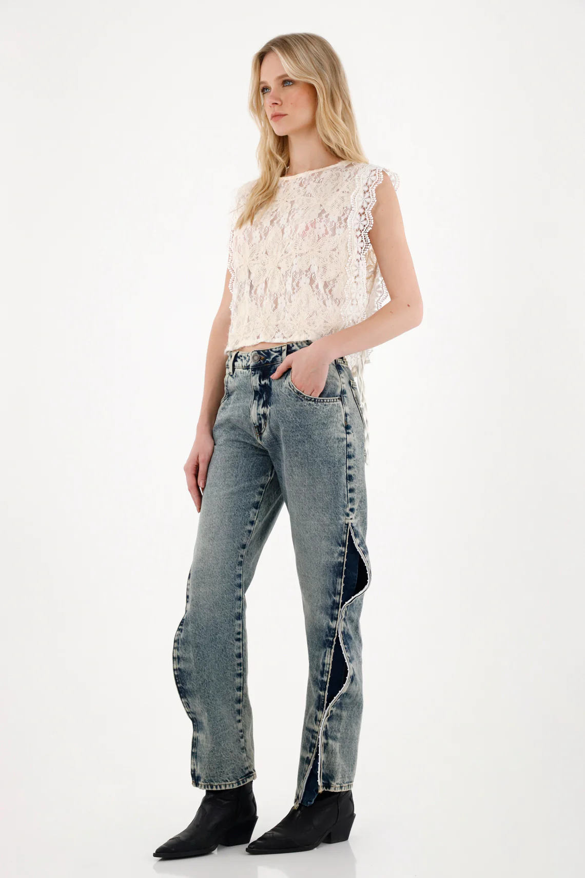 Straight Jeans with Openings and Side Fastenings for Women