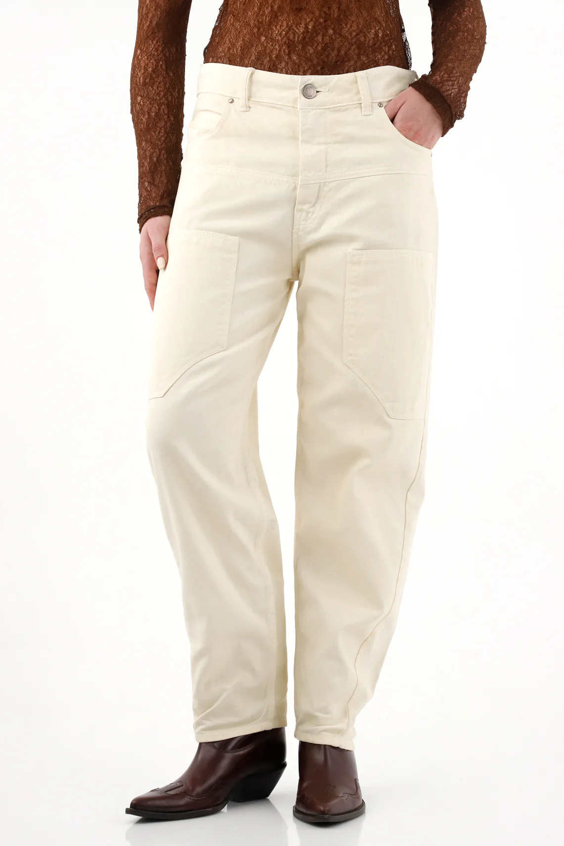 Women's Leather Effect Balloon Jeans with Patches - Image 2