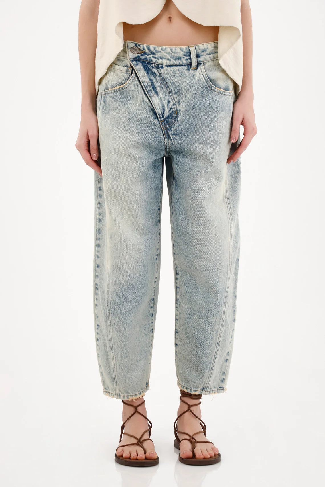 Women's Blue Low Rise Horseshoe Jeans with Asymmetrical Detail - Image 2
