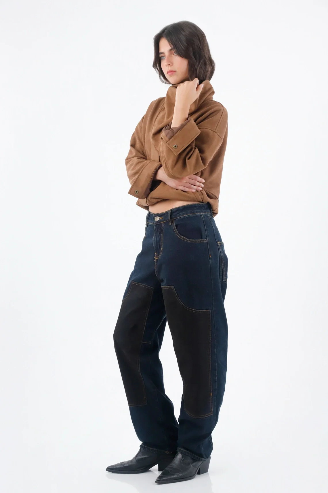 Cotton Dark Blue Women's Jeans with Horseshoe Fit and Contrasting Patches - Image 3