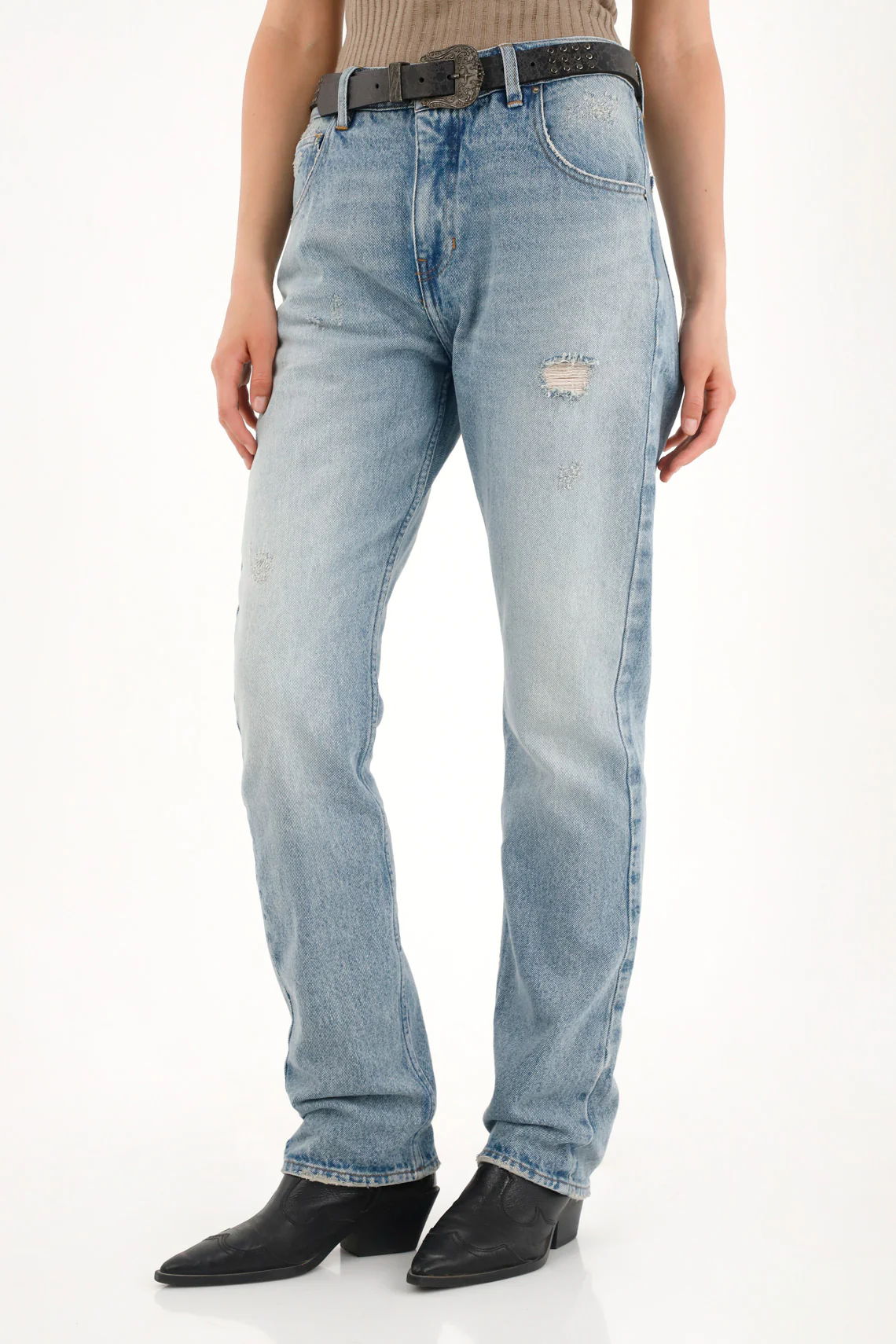 High-Waisted Straight Jeans with Distressed Details for Women
