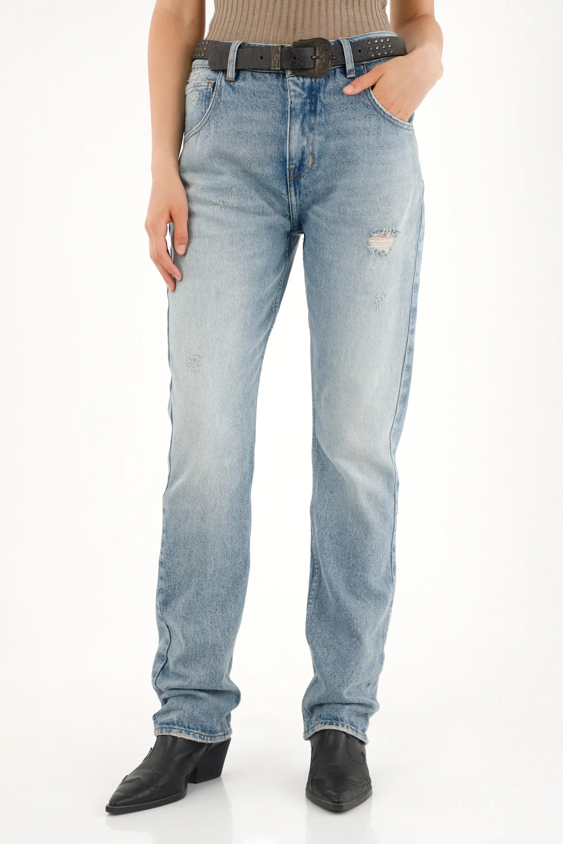 High-Waisted Straight Jeans with Distressed Details for Women - Image 2