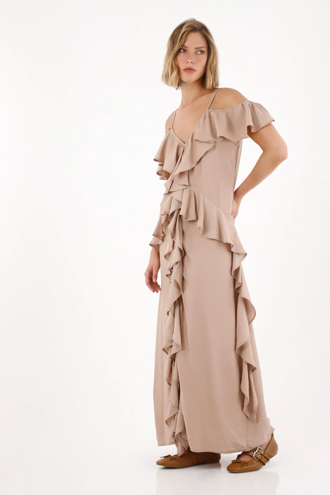 Long Dress with Ruffles Off-White for Women