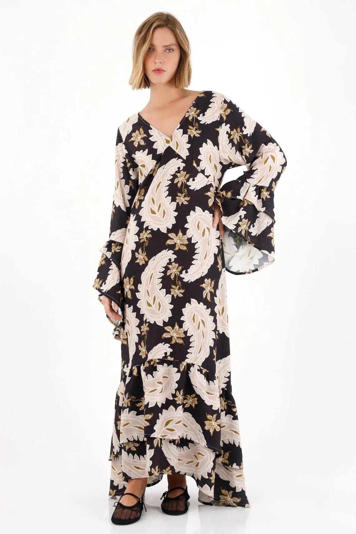Long Dress with V-Neck Print for Women