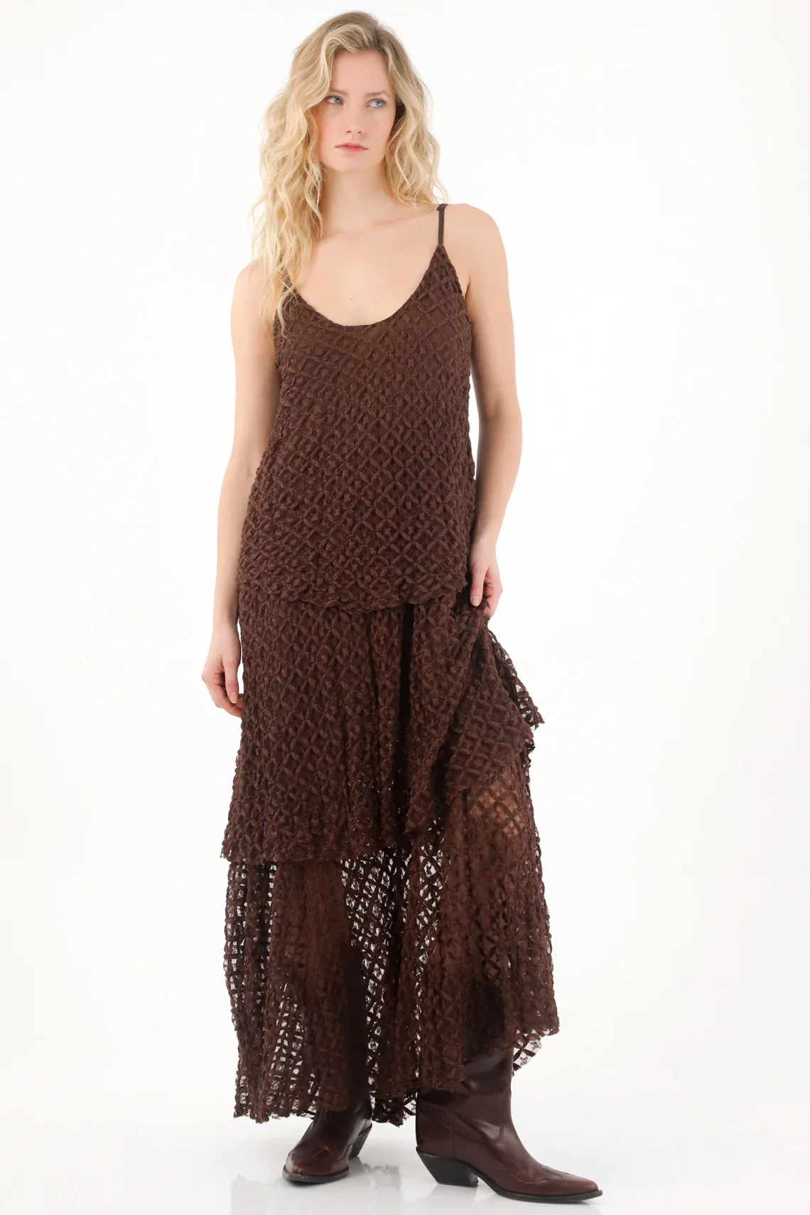 Long Dress with Ruffles in Brown for Women - Image 2