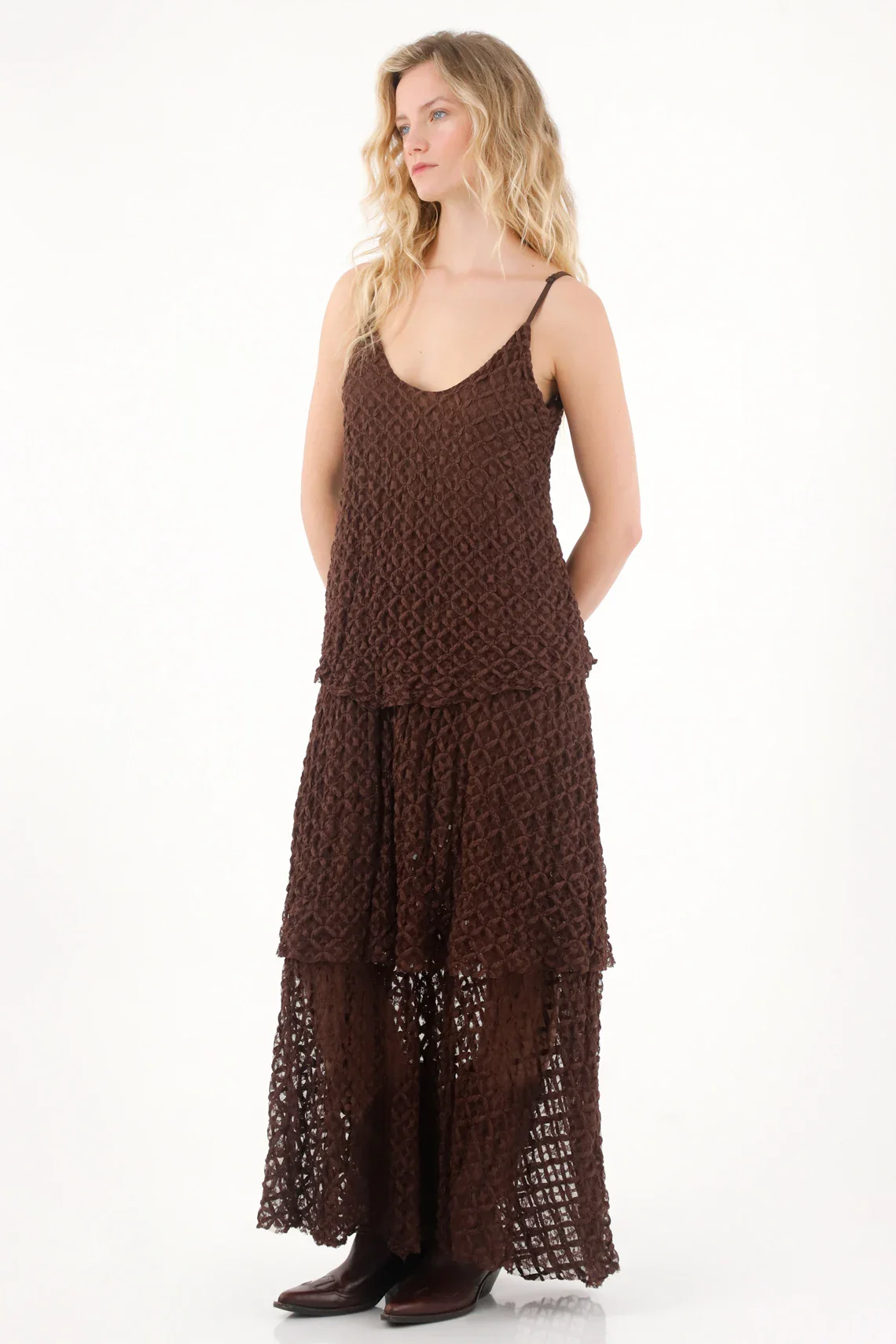 Long Dress with Ruffles in Brown for Women - Image 3