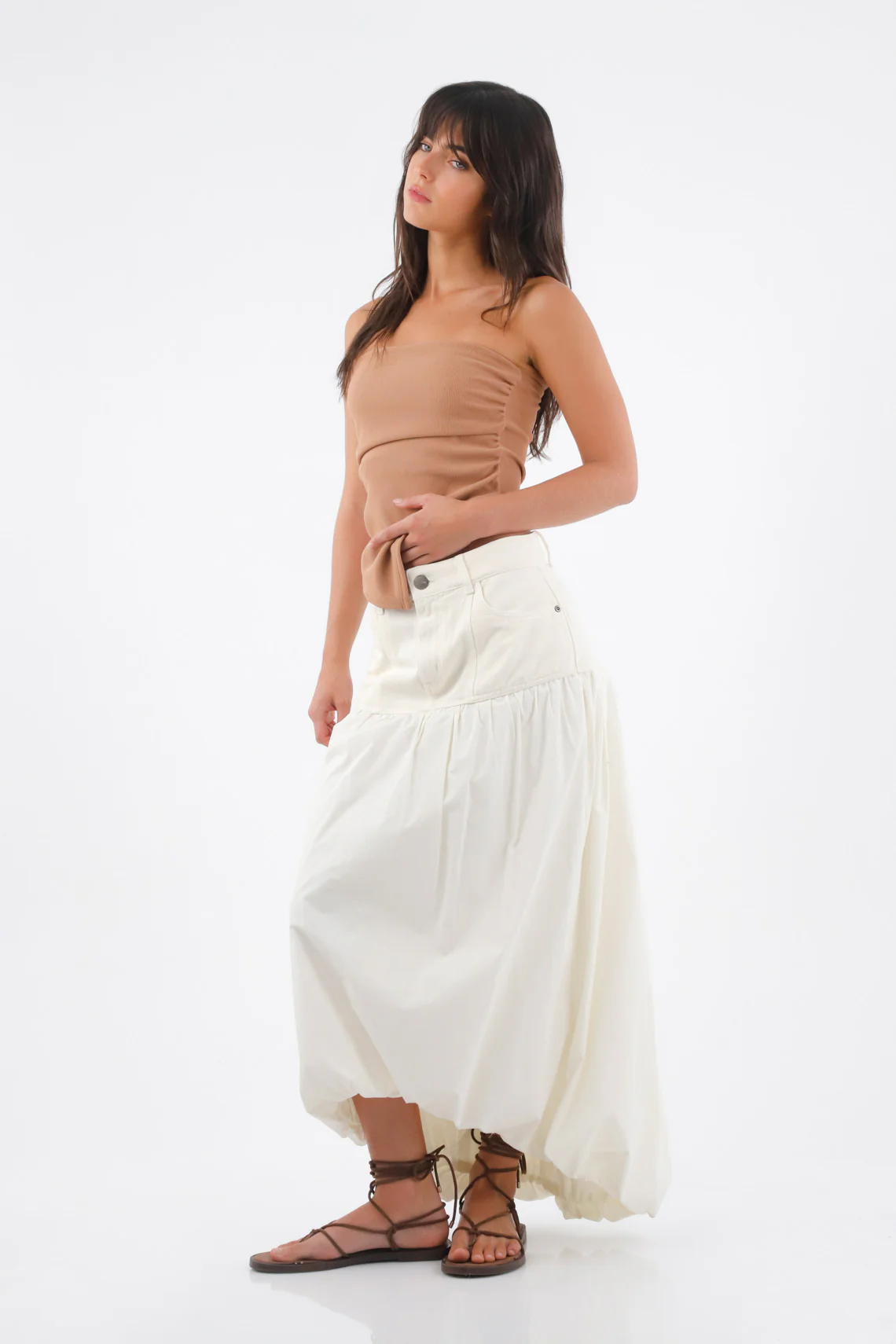 Long Cotton Skirt for Women in White Bubble with Gather - Image 2