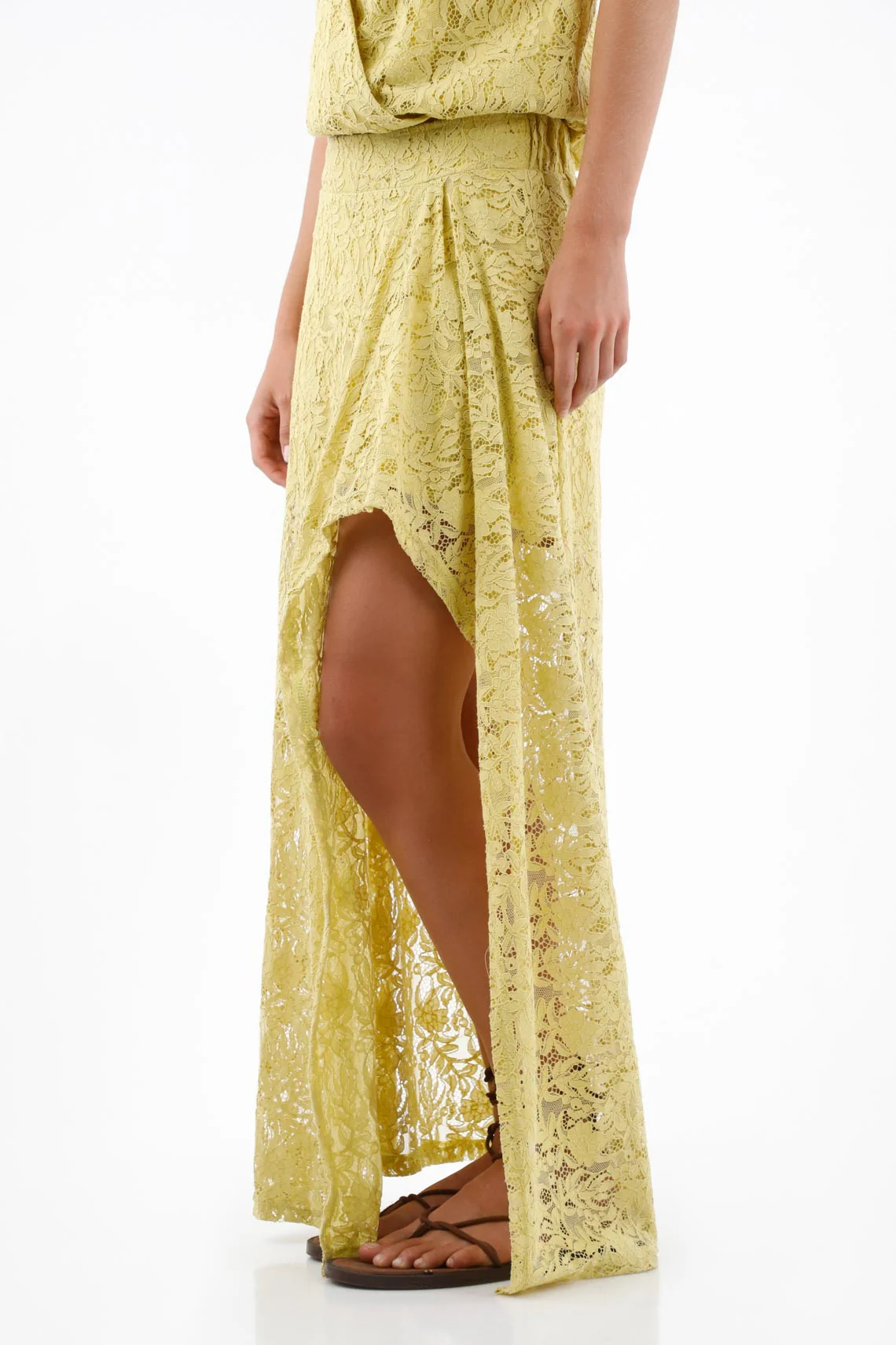 Long skirt for women in pastel yellow cotton fluid fit with floral lace