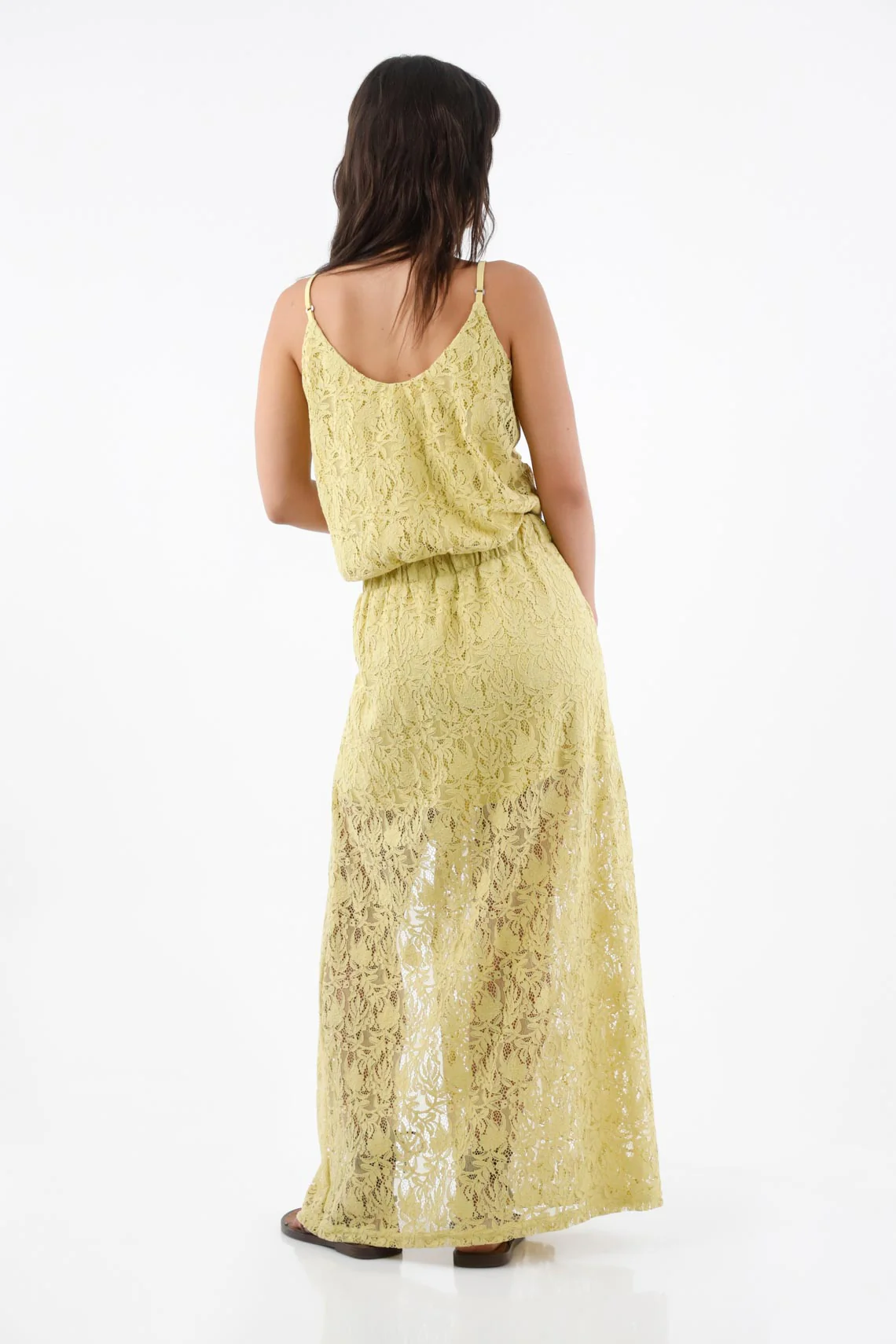 Long skirt for women in pastel yellow cotton fluid fit with floral lace - Image 5