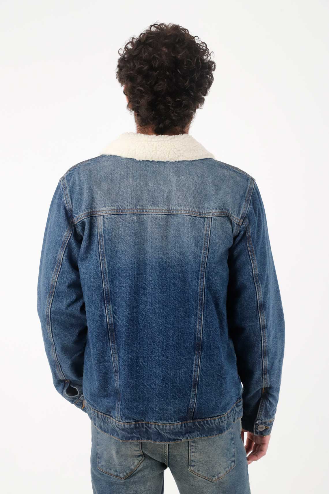 Men's Straight Fit Blue Cotton Coat with Sherpa - Image 6