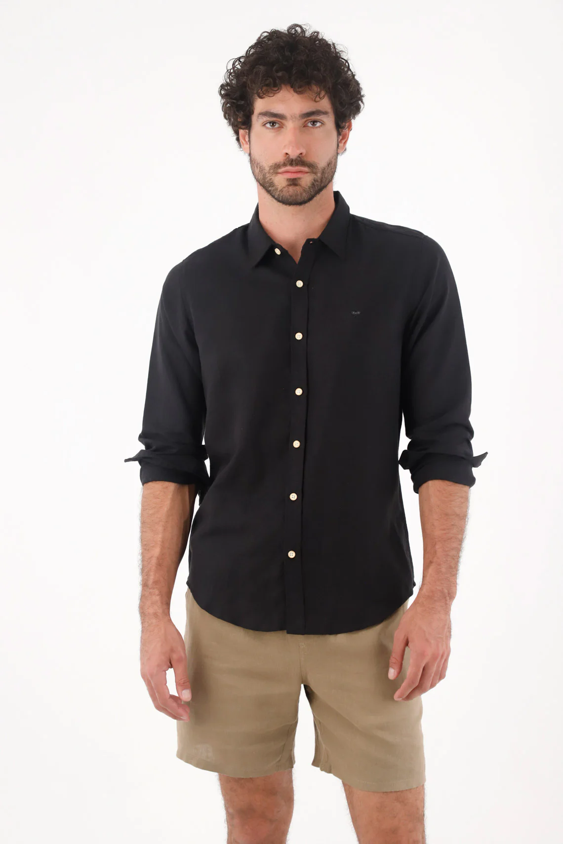 Men's Black Linen Shirt Regular Fit with Light Buttons