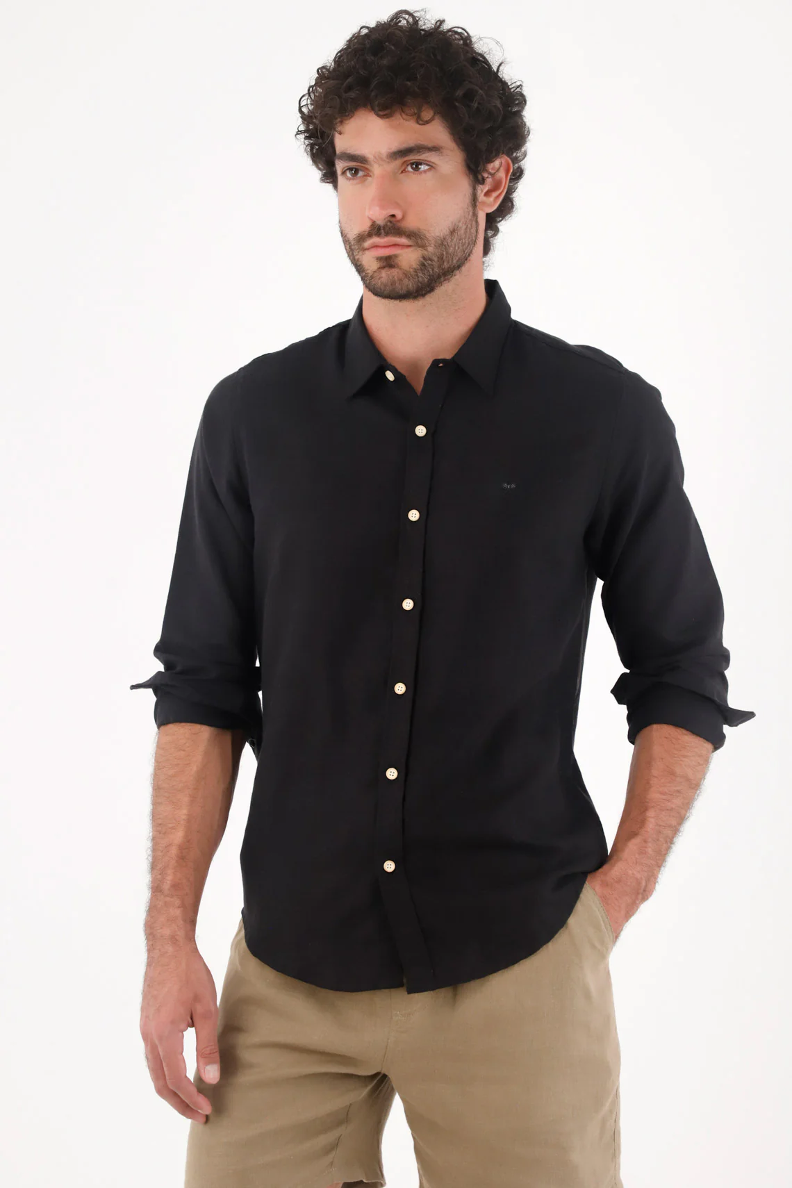 Men's Black Linen Shirt Regular Fit with Light Buttons - Image 2