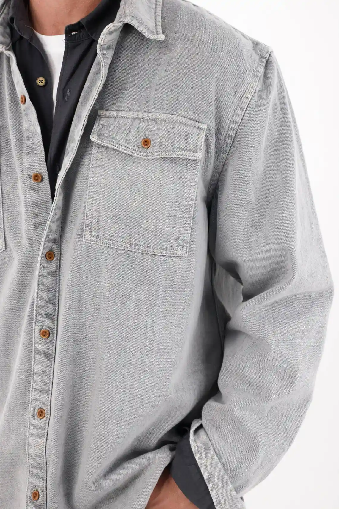 Men's Relaxed Fit Long Sleeve Gray Cotton Shirt with Pockets - Image 3