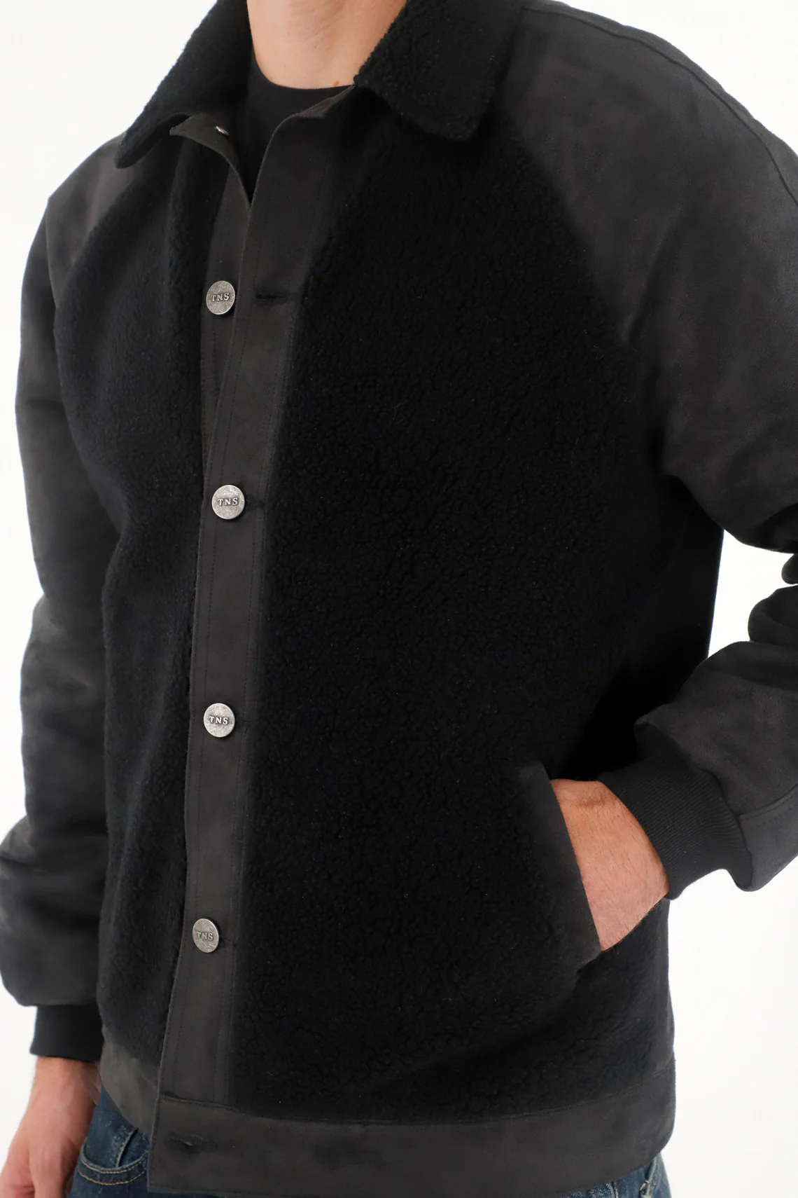 Men's Black Suede Bomber Jacket Regular Fit Sherpa - Image 3