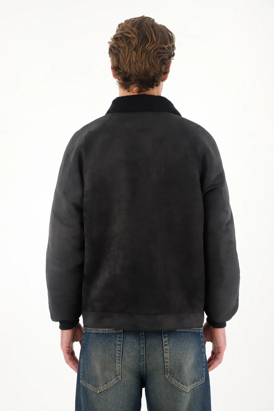 Men's Black Suede Bomber Jacket Regular Fit Sherpa - Image 4