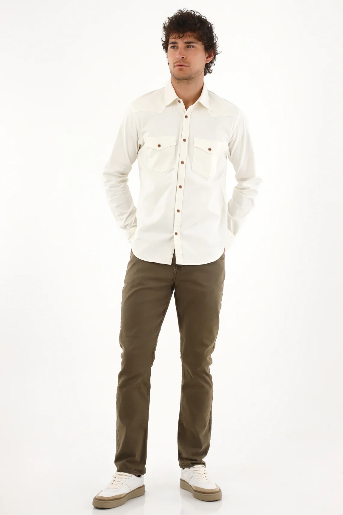 Men's Twill Shirt with Pockets in Cream - Image 2