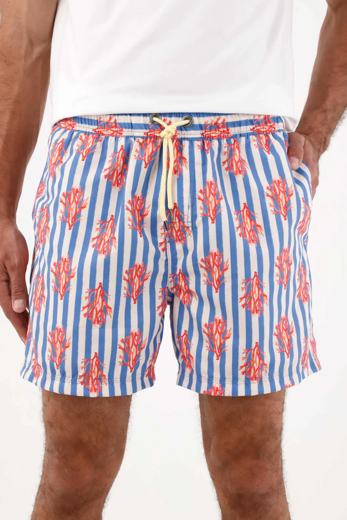Men's Swim Trunks in Classic Fit Blue Polyester with Coral Striped Print - Image 2