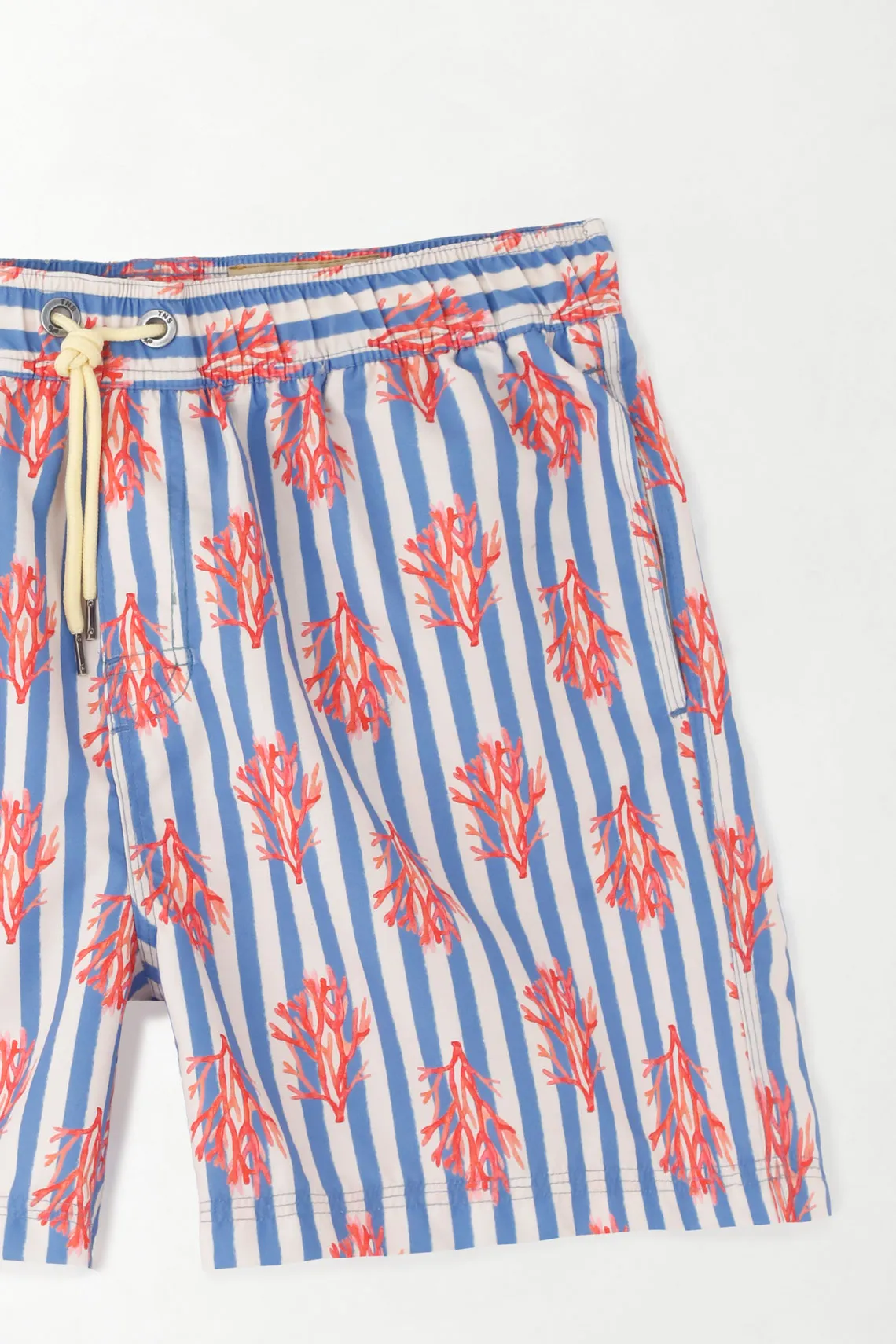 Men's Swim Trunks in Classic Fit Blue Polyester with Coral Striped Print - Image 3