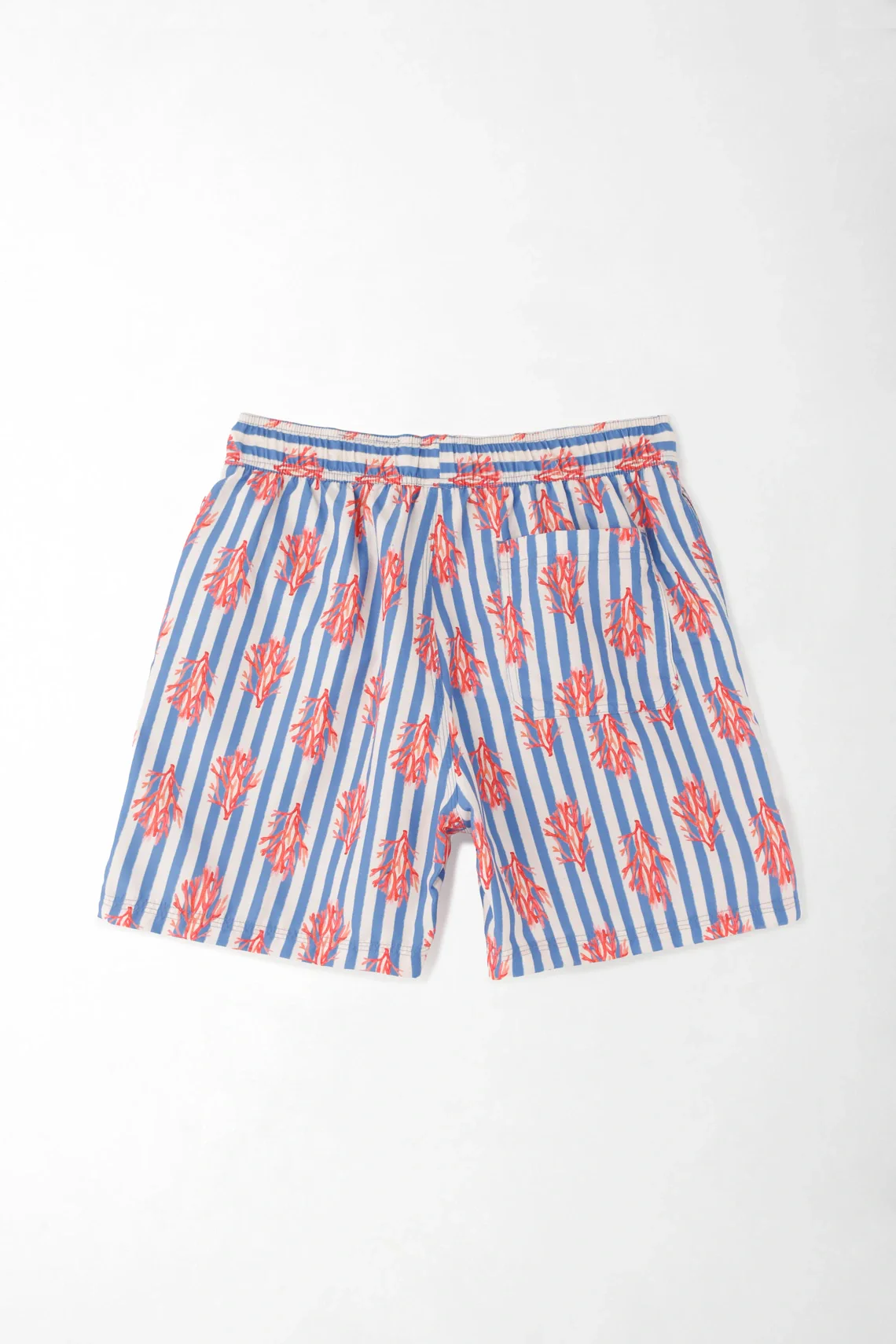 Men's Swim Trunks in Classic Fit Blue Polyester with Coral Striped Print - Image 4