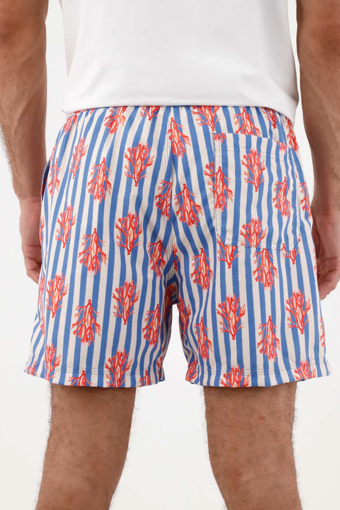 Men's Swim Trunks in Classic Fit Blue Polyester with Coral Striped Print - Image 5