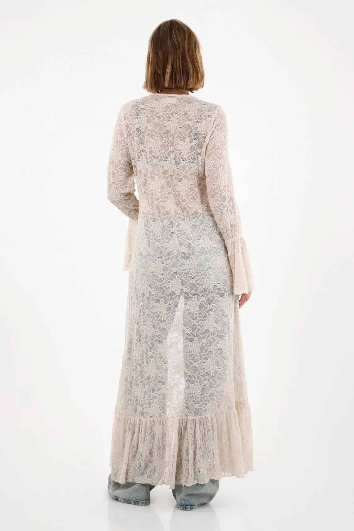 Kimono with ruffles and textured off-white fabric for women - Image 5