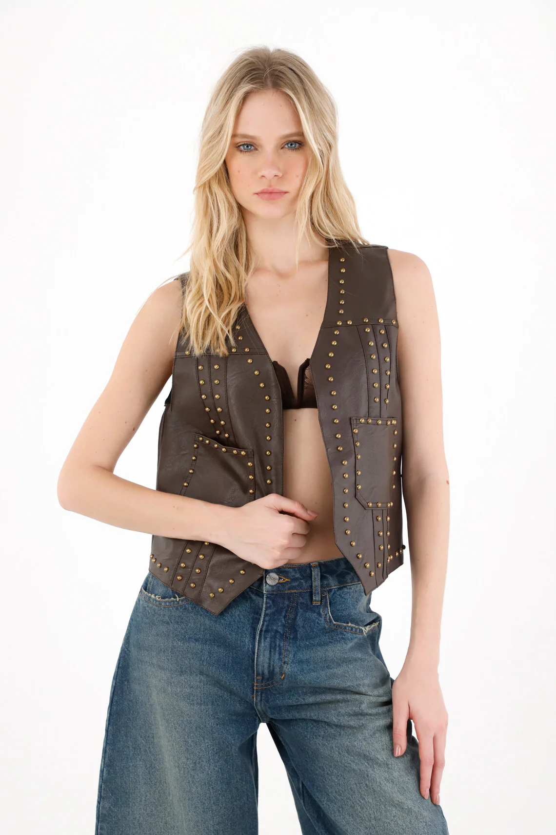 Brown Synthetic Leather Vest for Women