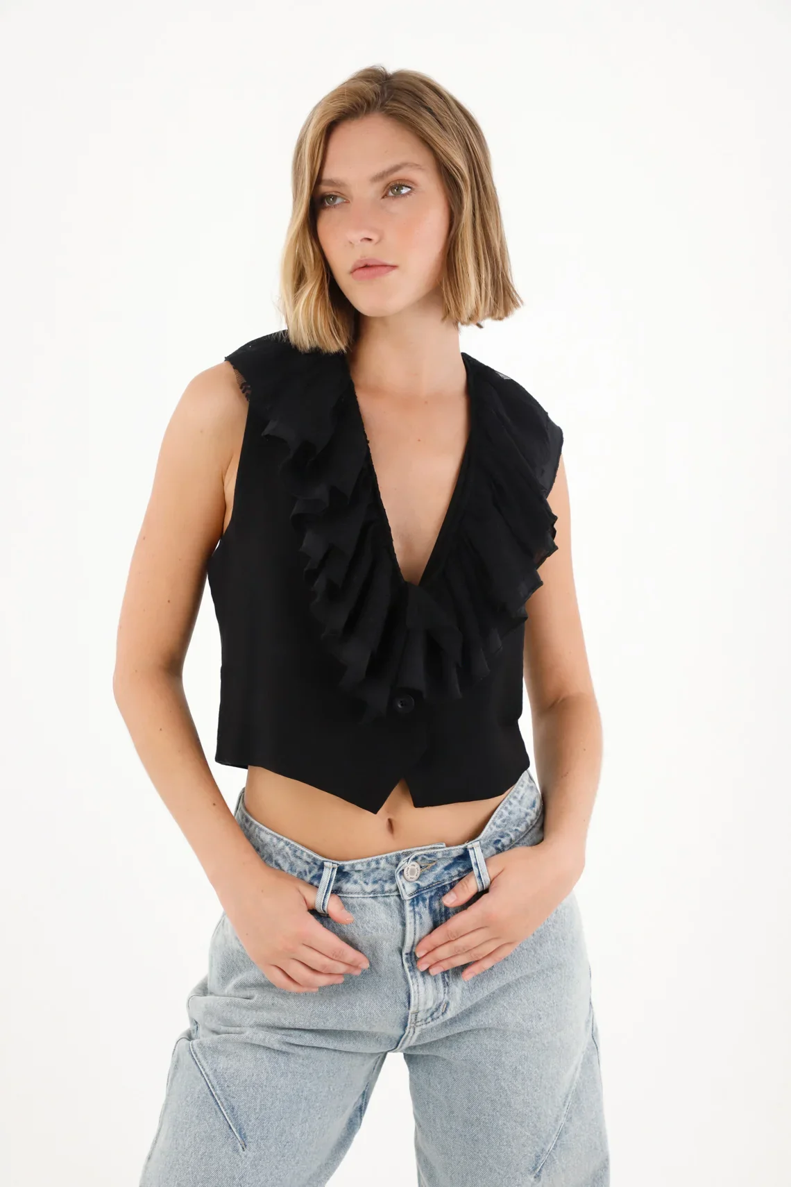 Vest in mixed fabrics and black bolero for women