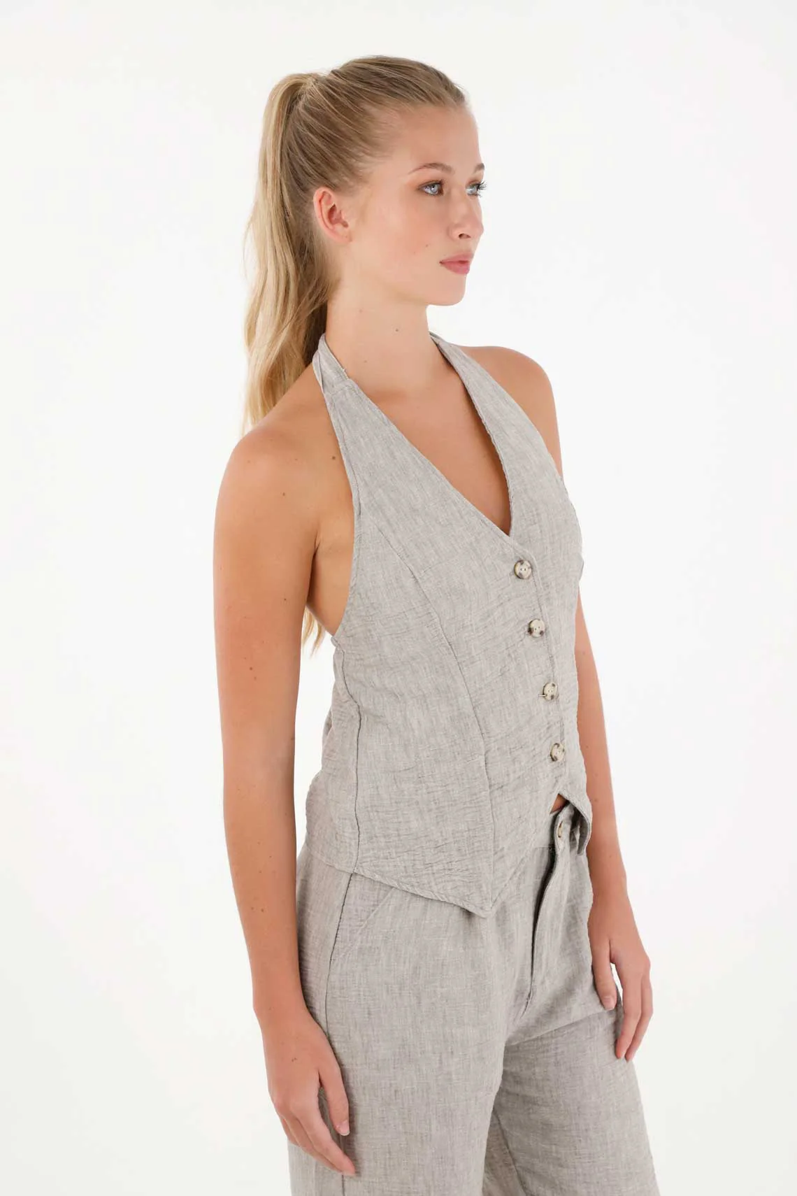 Halter Vest for Women in Gray Polyester with Buttons