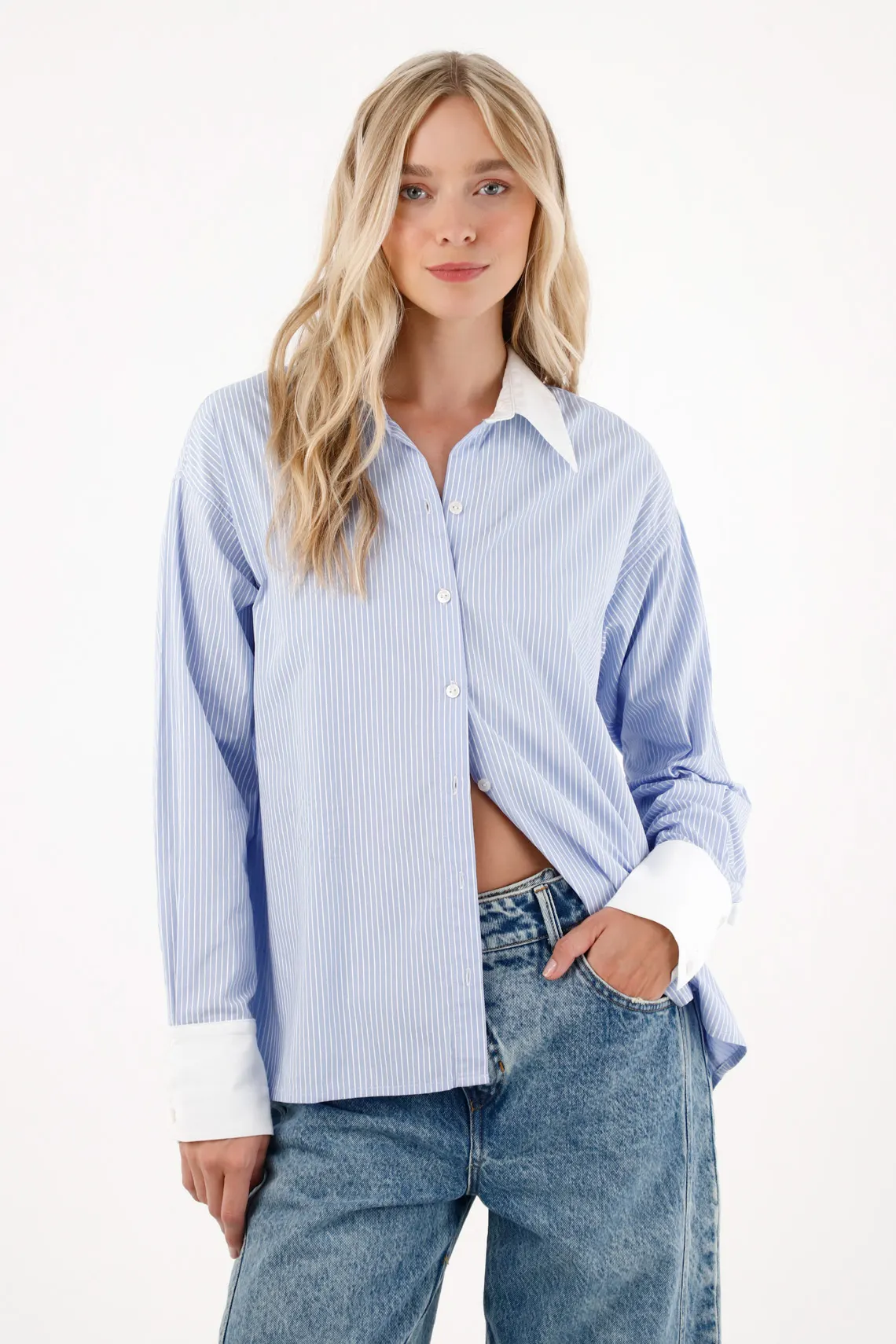 Oversized Shirt with Blue Striped Design for Women - Image 3