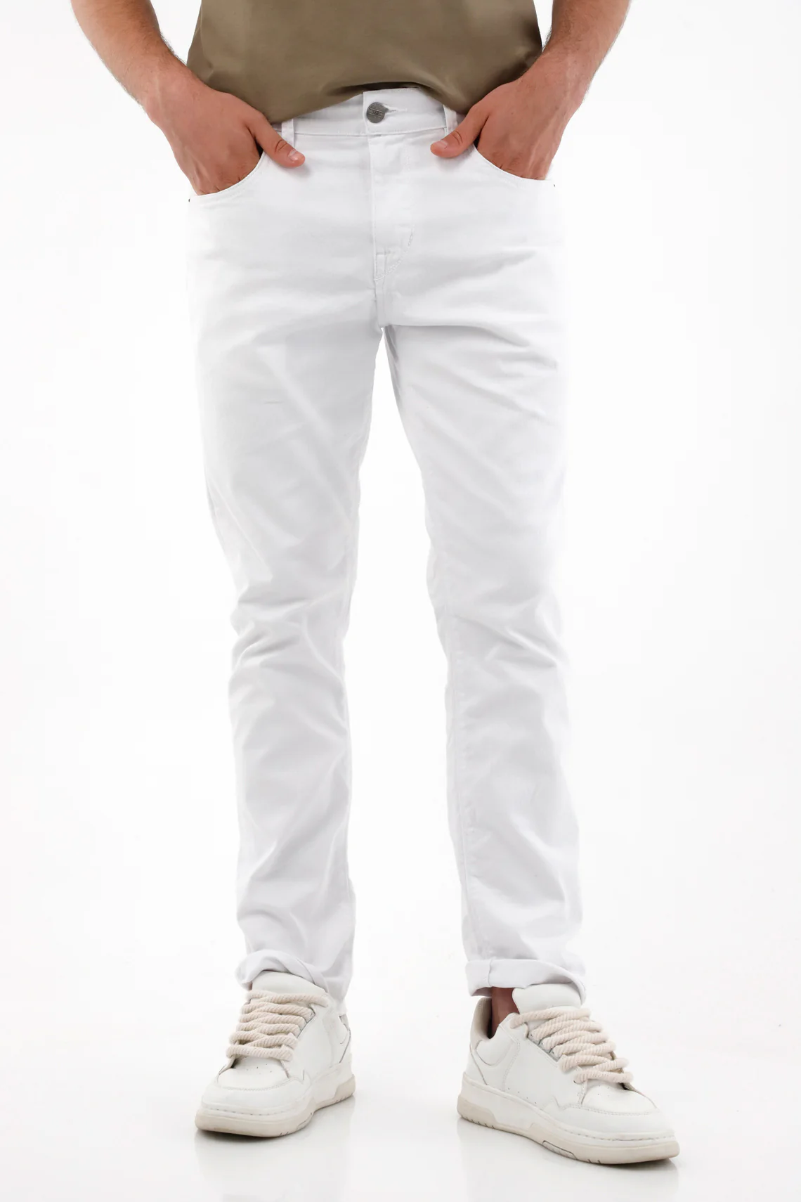White Straight Leg Five Pocket Pants for Men - Image 4