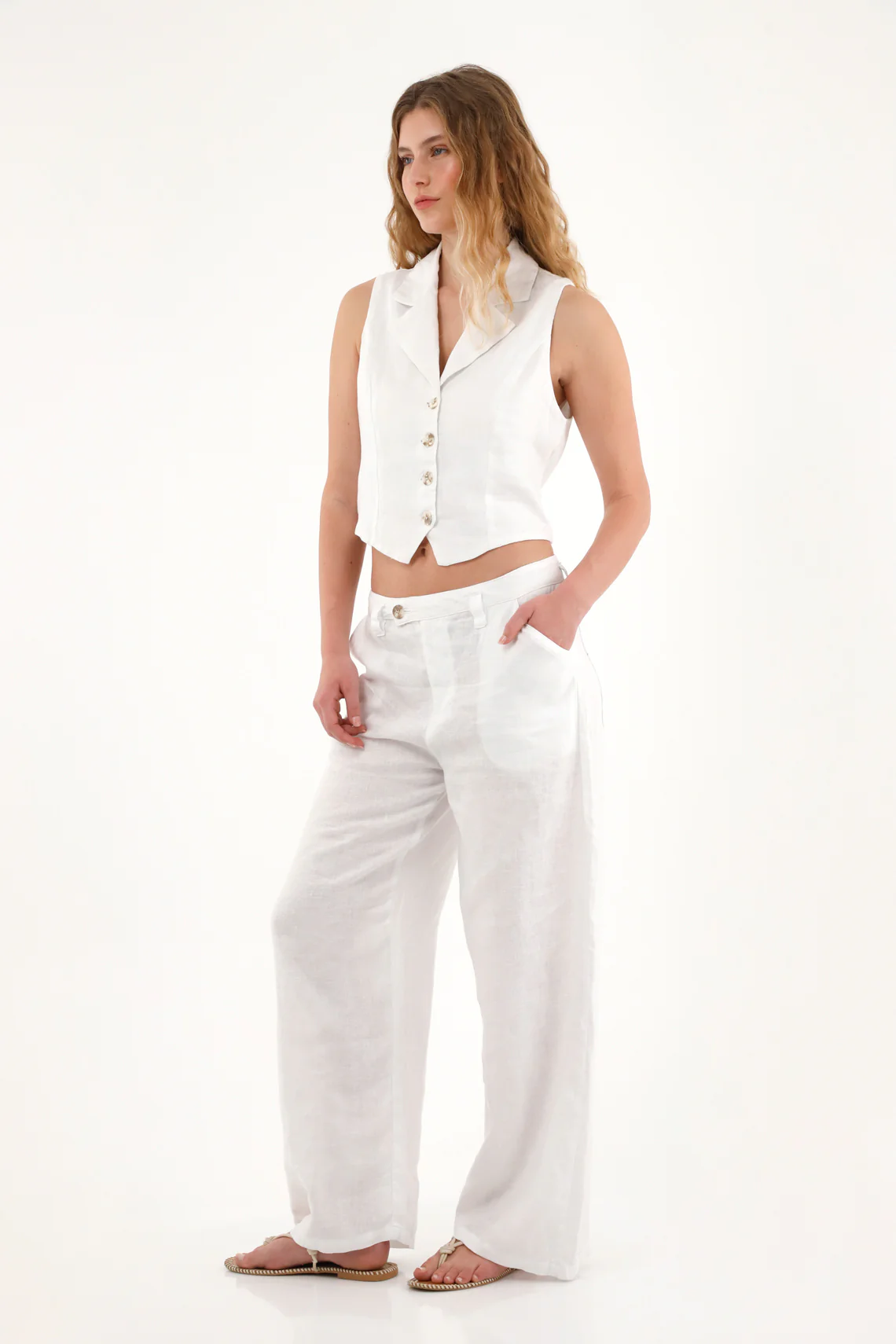Women's Wide Leg White Linen Pants - Image 2