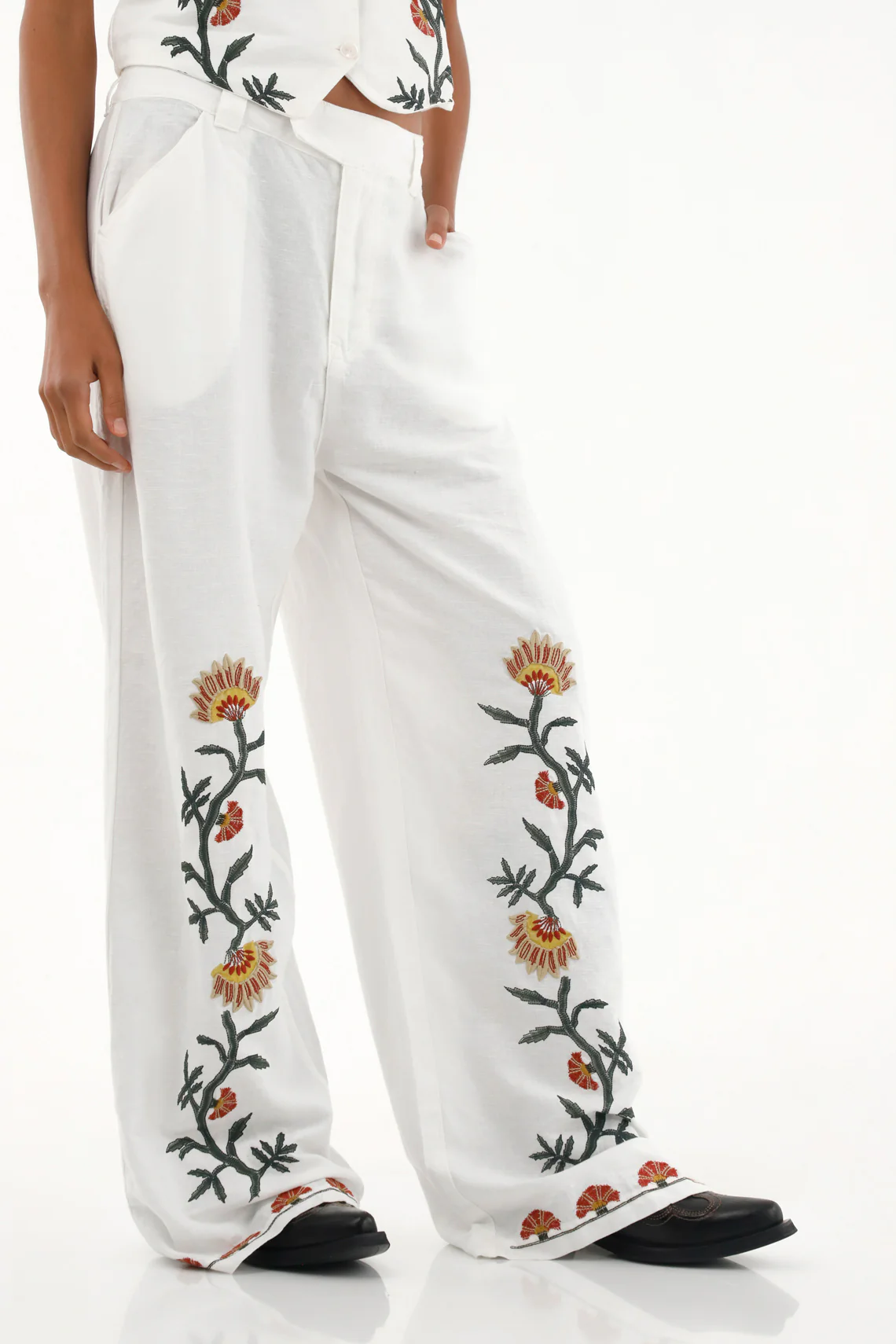 Mid-Rise Straight Pants with Embroidery for Women - Image 2