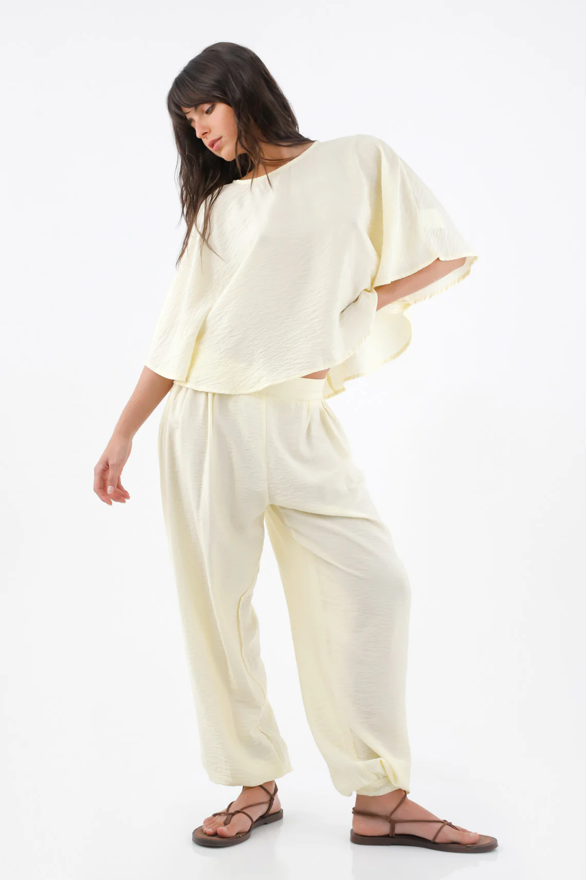 Ivory Viscose Relaxed Fit Pants with Crinkle Texture for Women - Image 3