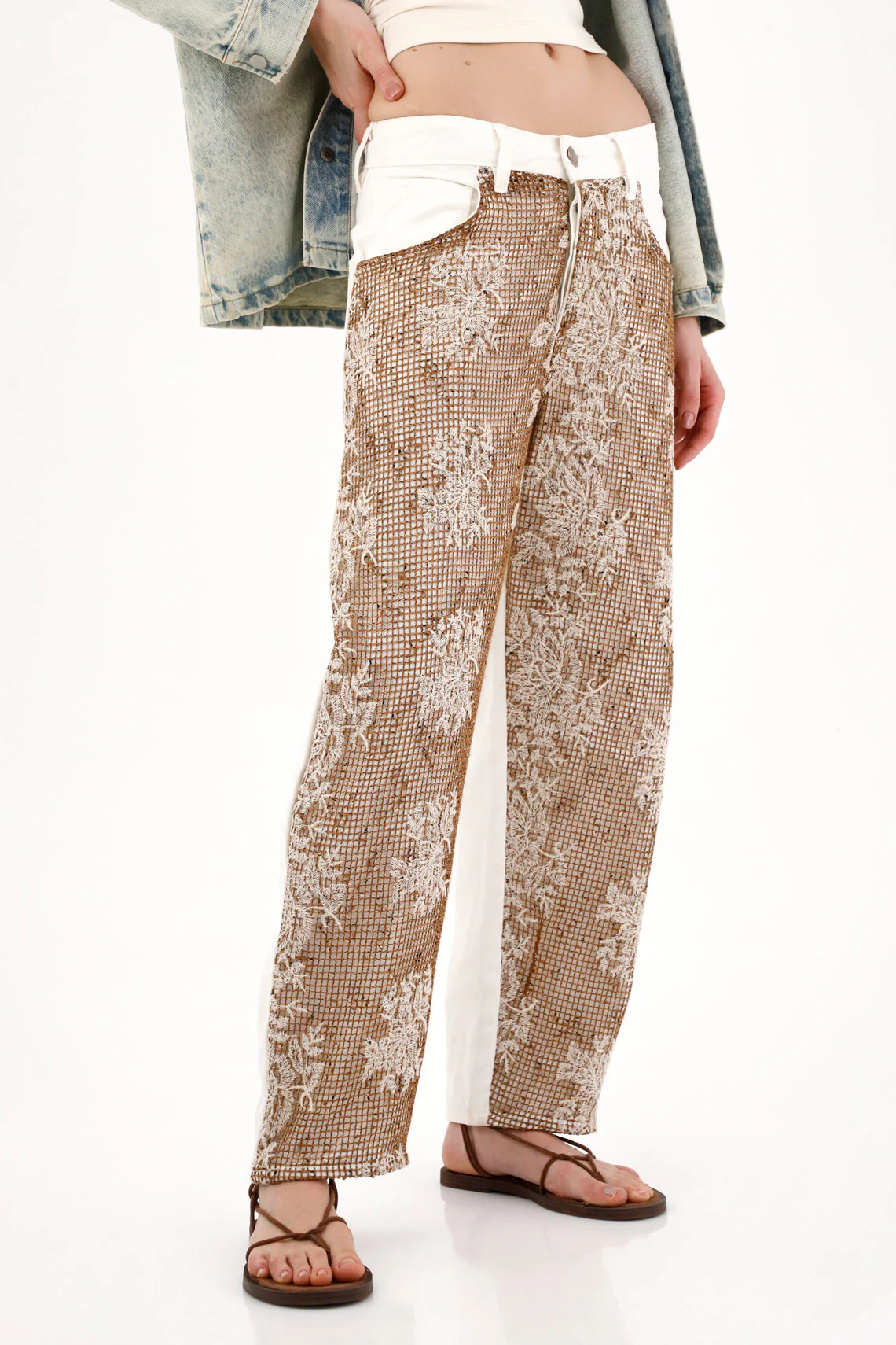 Women's Horseshoe Pants with Layered Embroidered Fabric in Cream - Image 2