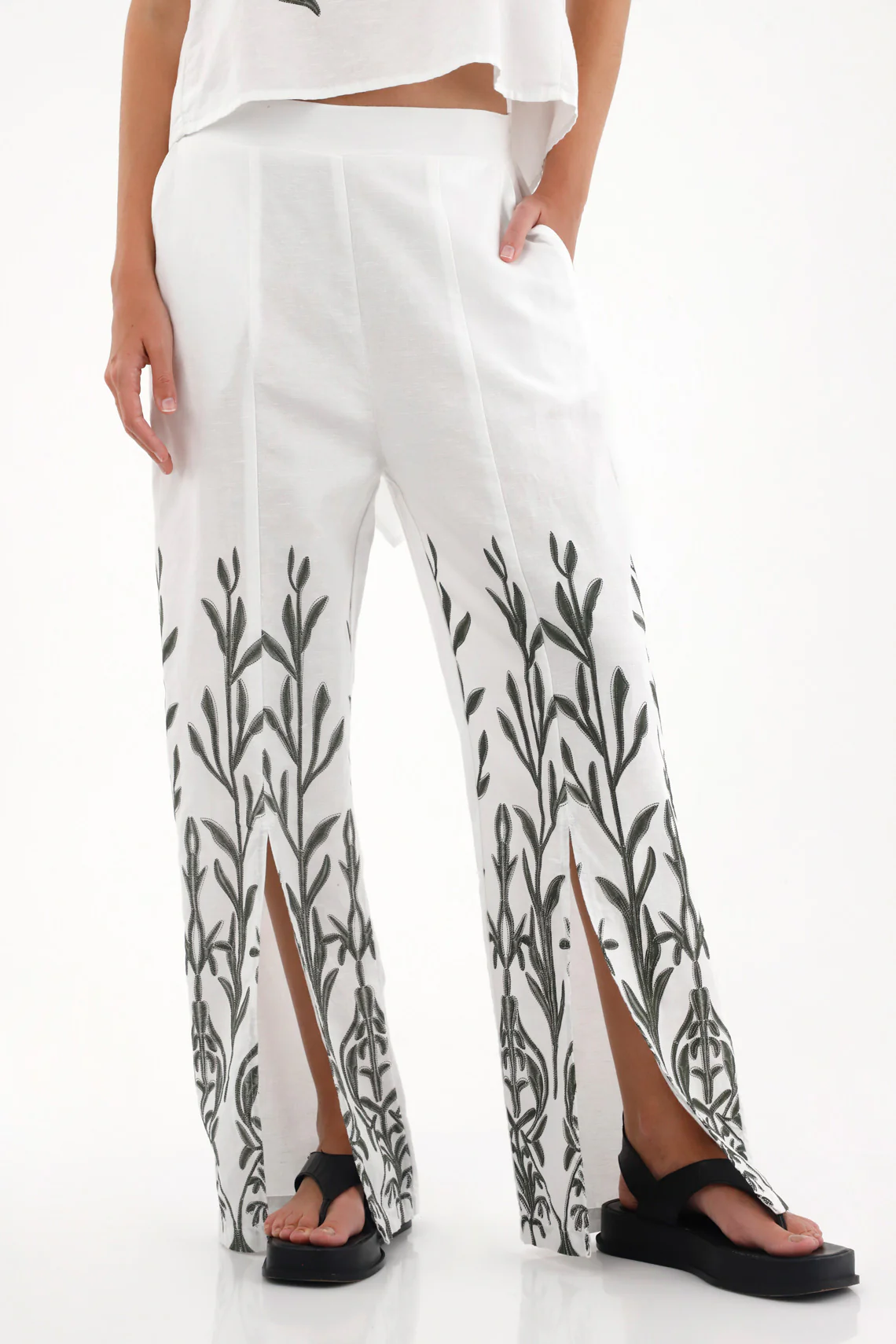 Women's Straight Pants with White Embroidery Effect - Image 2
