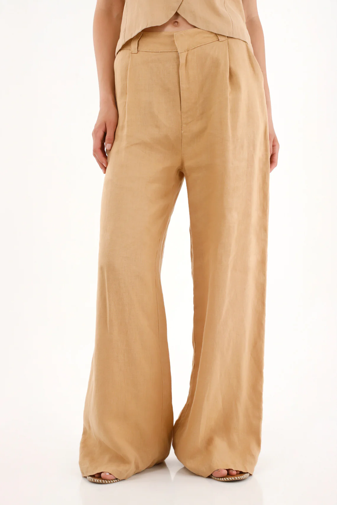 Women's High-Waisted Wide Leg Pants in 100% Linen - Brown - Image 2