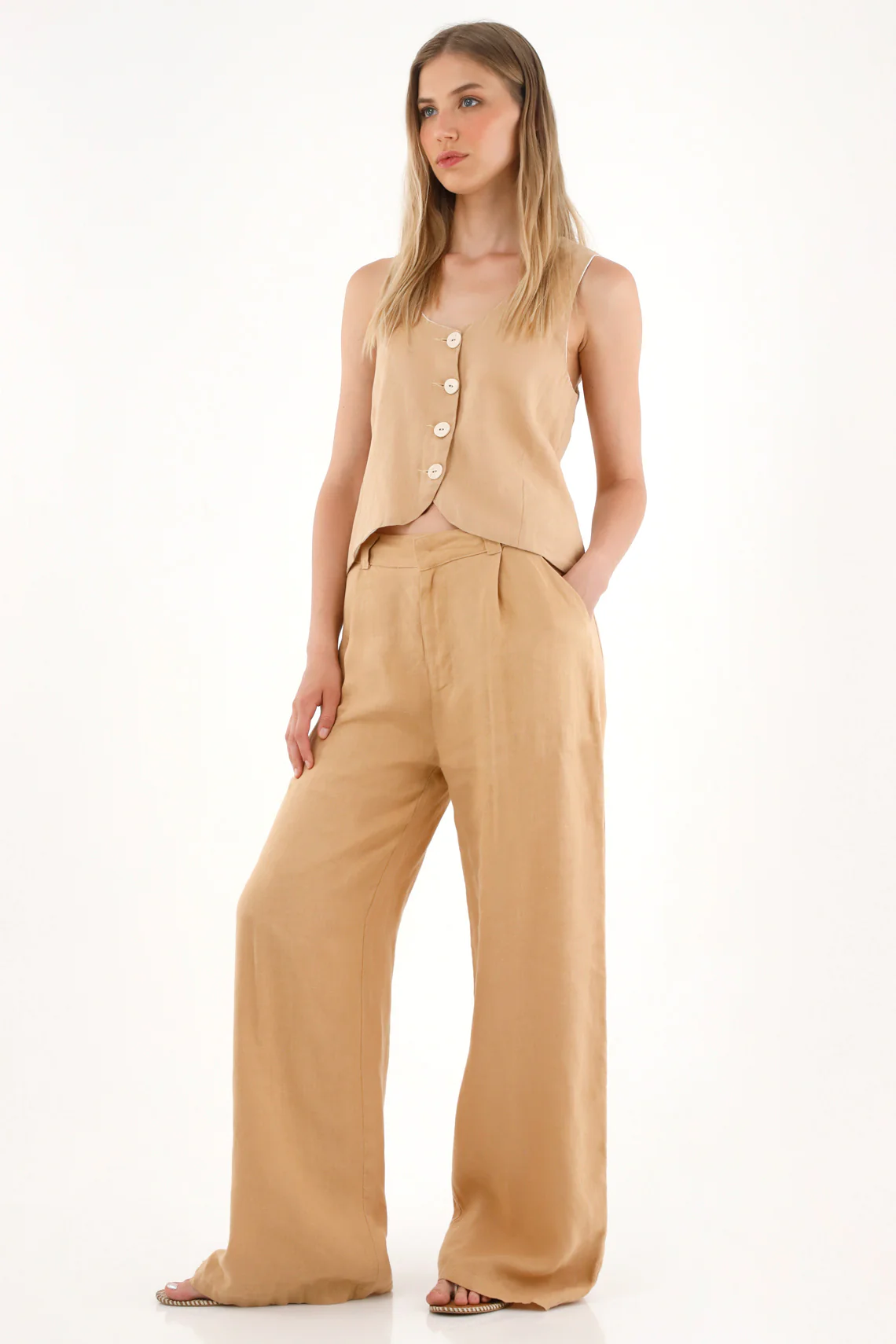 Women's High-Waisted Wide Leg Pants in 100% Linen - Brown - Image 5