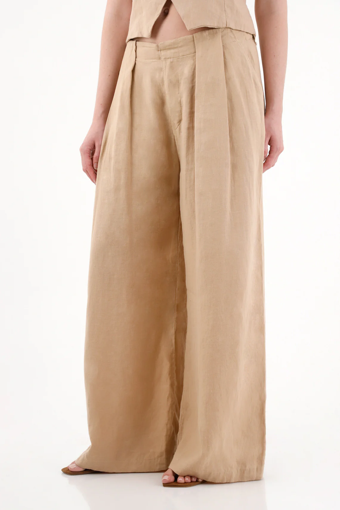 Women's Wide Leg Linen Trousers in Natural Color - Image 2
