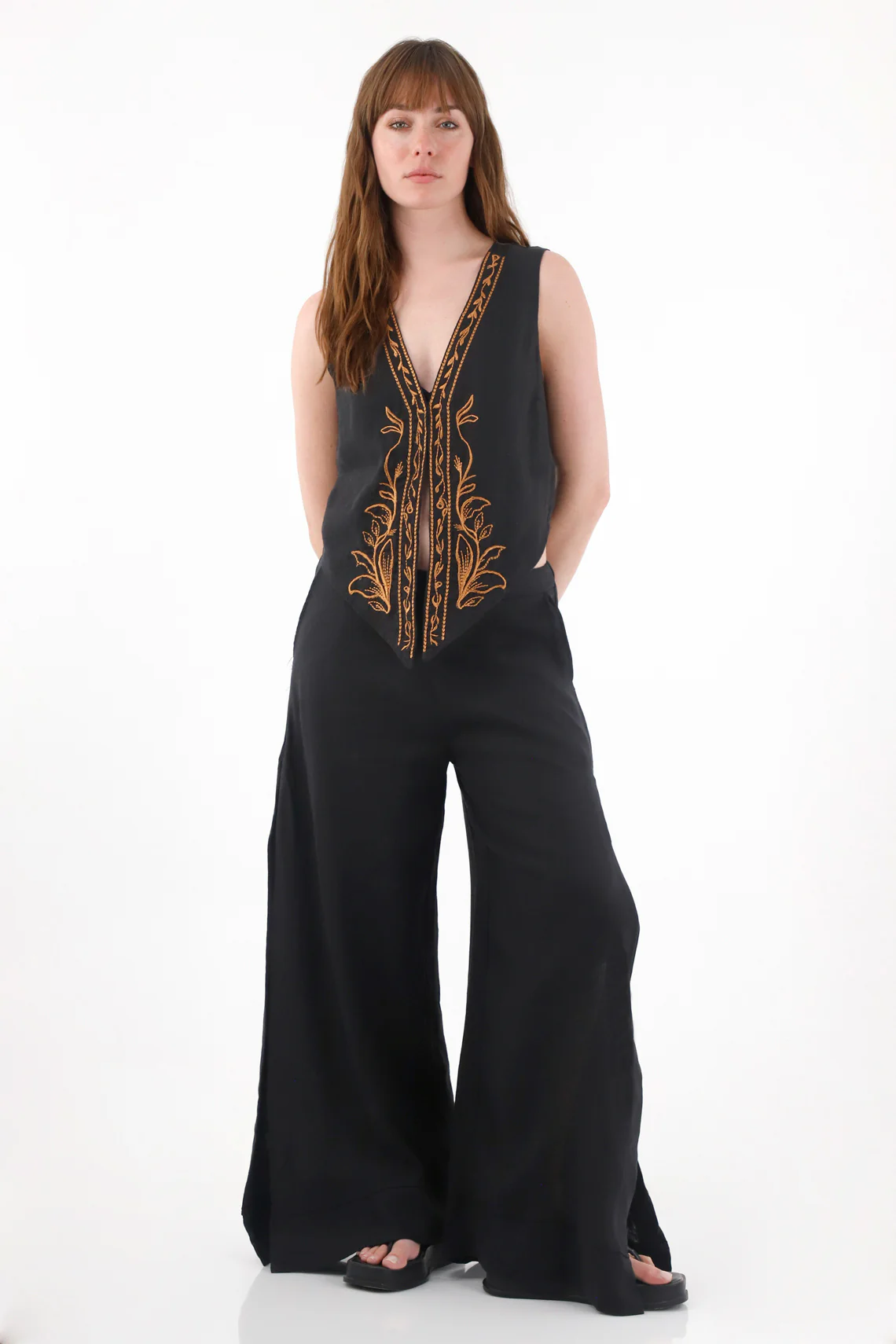 Women's Black 100% Linen Wide Leg Trousers
