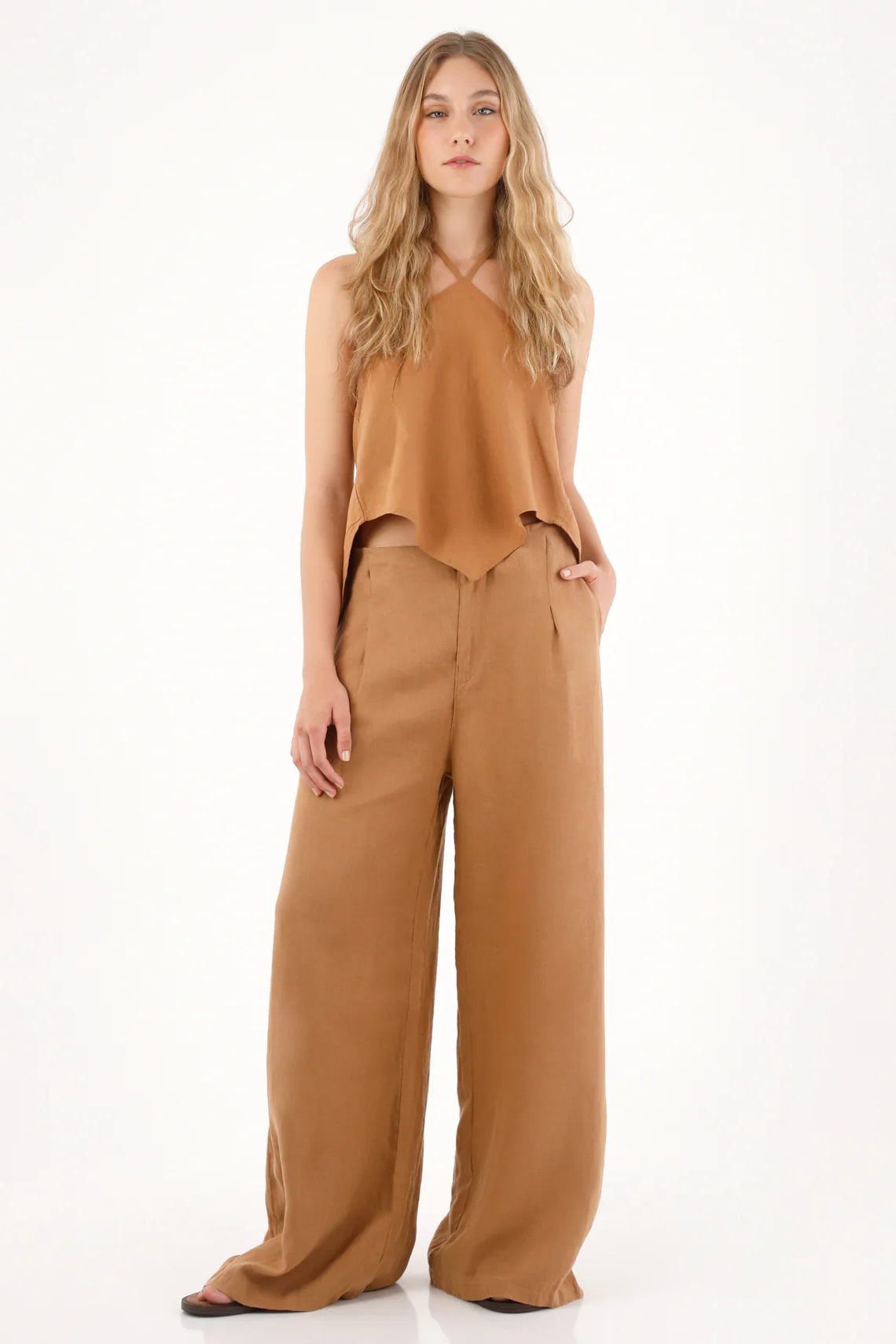 Women's 100% Linen Brown Wide Leg Pants
