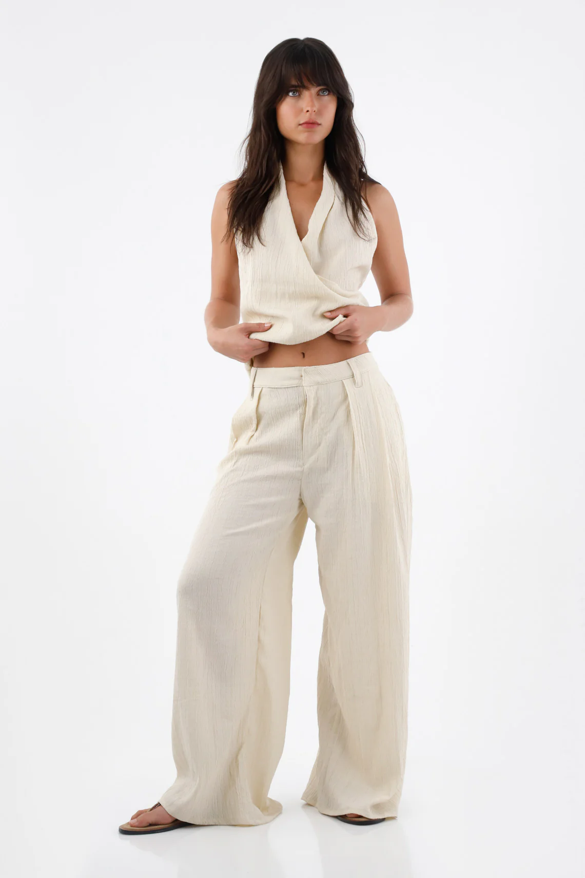 Beige Wide Leg Polyester Pants for Women with Crinkled Texture